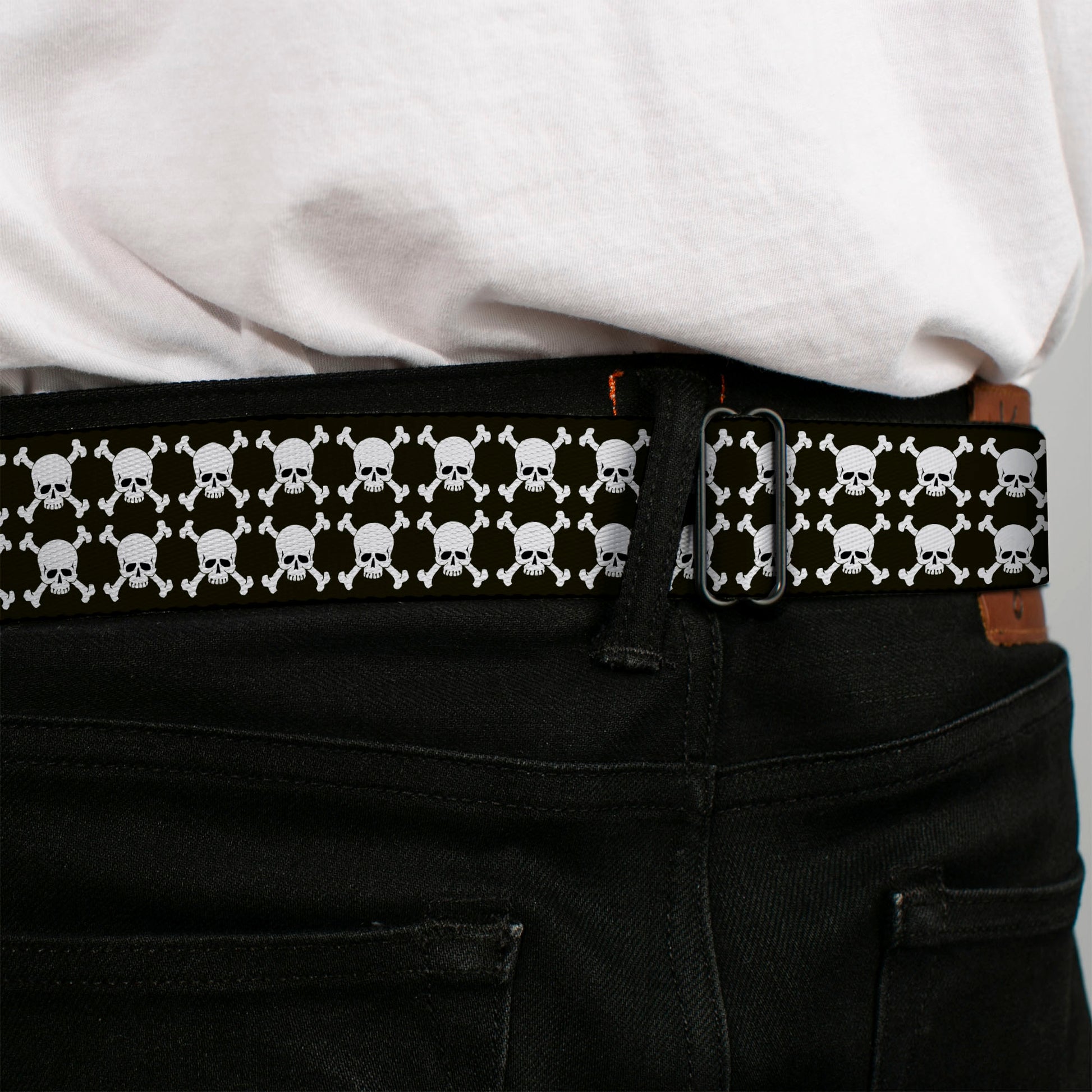 BD Wings Logo CLOSE-UP Black/Silver Seatbelt Belt - Top Skulls Stacked Black/White Webbing Seatbelt Belts Buckle-Down
