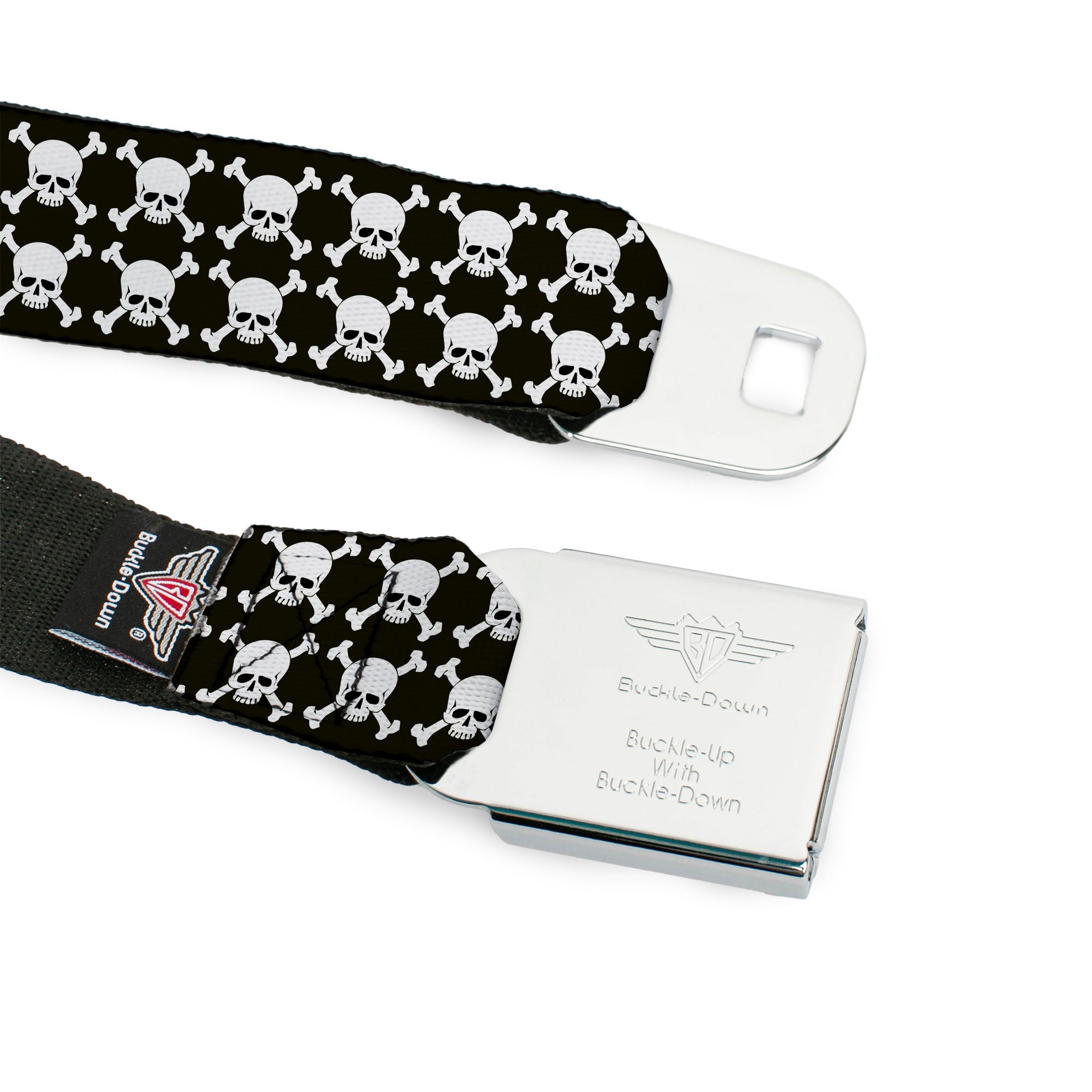 BD Wings Logo CLOSE-UP Black/Silver Seatbelt Belt - Top Skulls Stacked Black/White Webbing Seatbelt Belts Buckle-Down