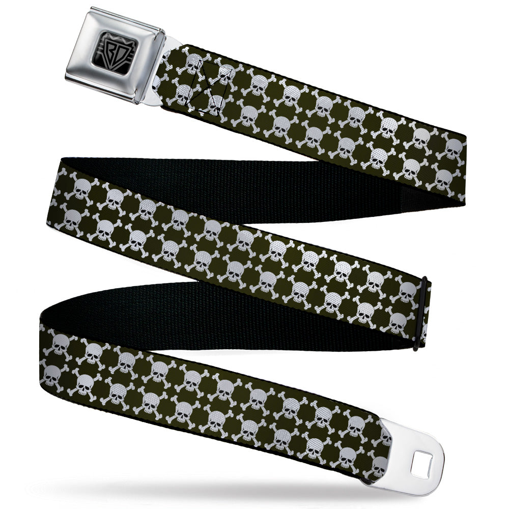 BD Wings Logo CLOSE-UP Black/Silver Seatbelt Belt - Top Skulls Stacked Black/White Webbing Seatbelt Belts Buckle-Down