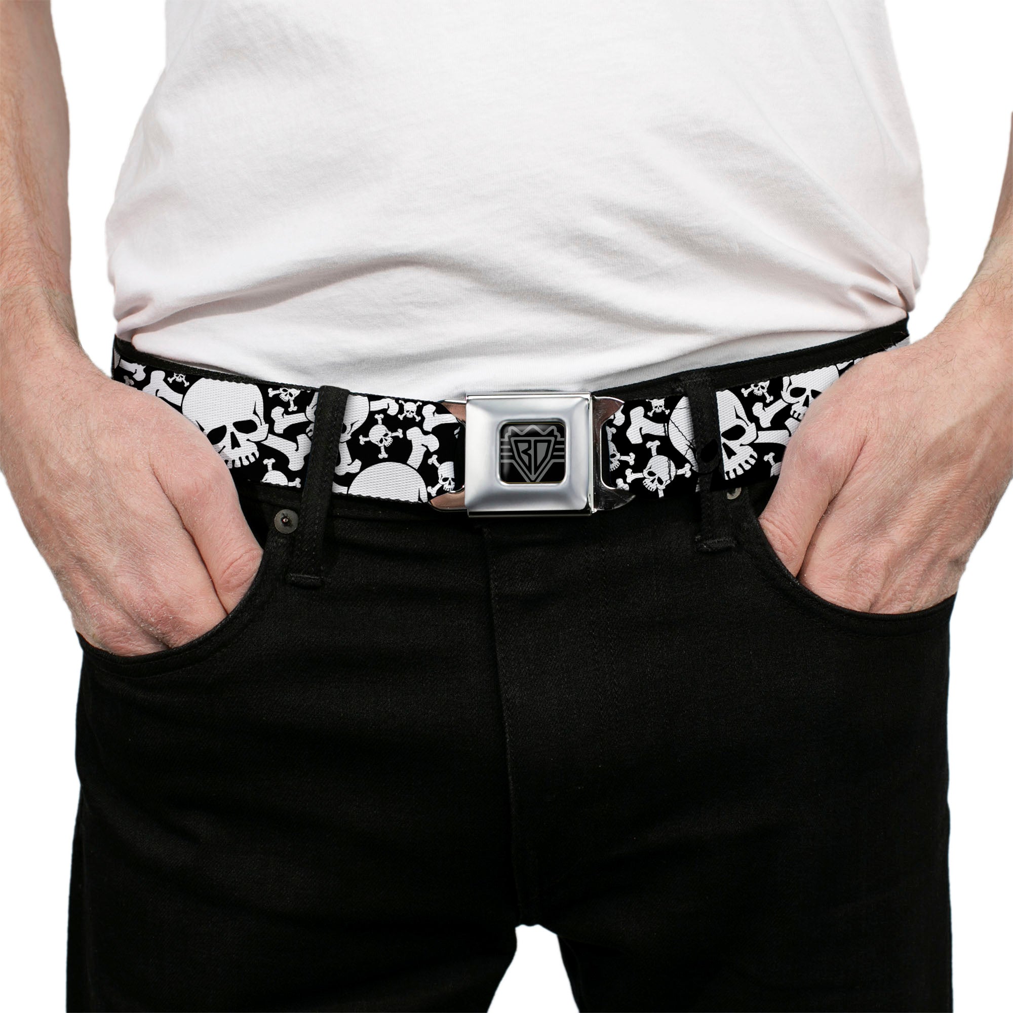 BD Wings Logo CLOSE-UP Black/Silver Seatbelt Belt - Top Skulls CLOSE-UP Stacked Black/White Webbing Seatbelt Belts Buckle-Down