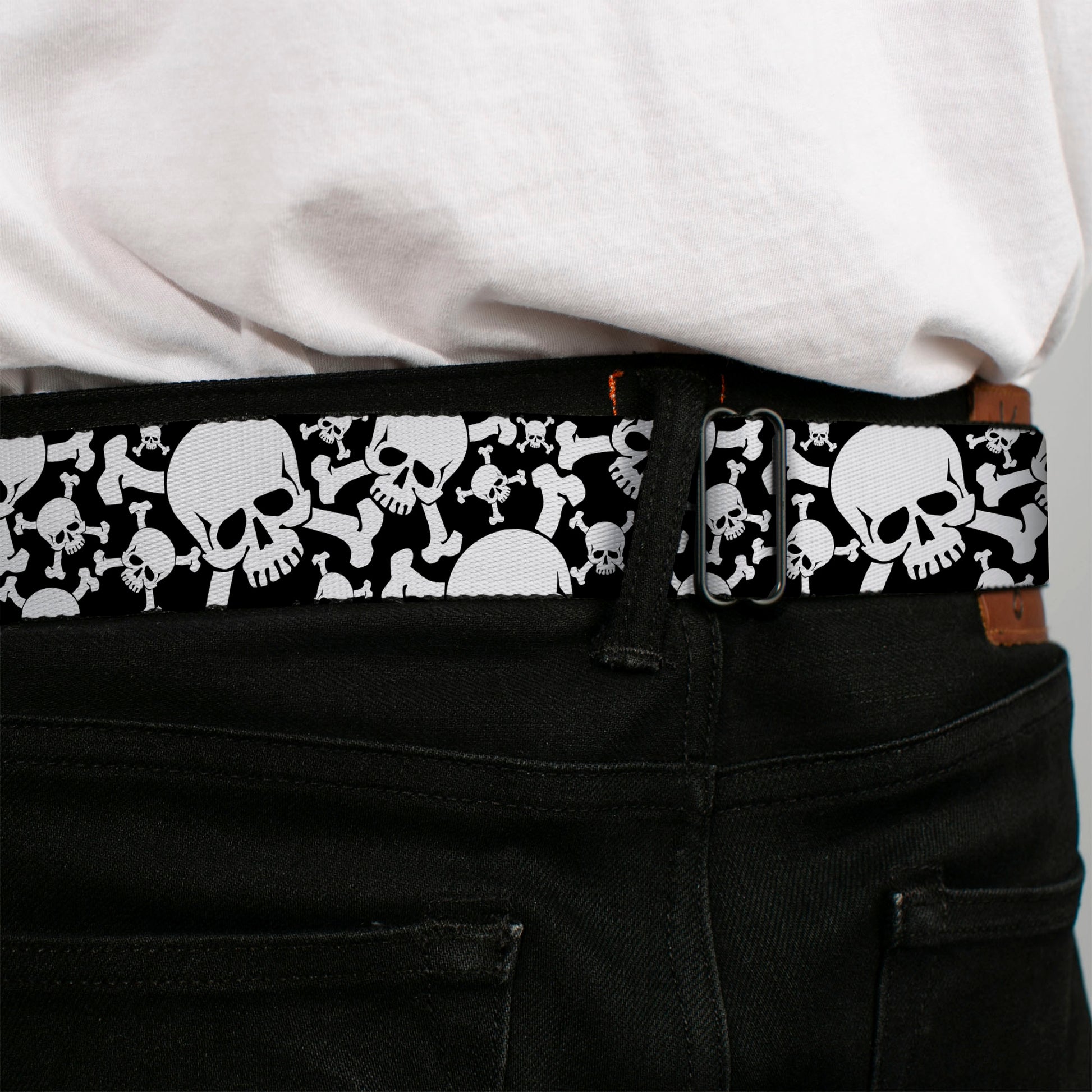 BD Wings Logo CLOSE-UP Black/Silver Seatbelt Belt - Top Skulls CLOSE-UP Stacked Black/White Webbing Seatbelt Belts Buckle-Down