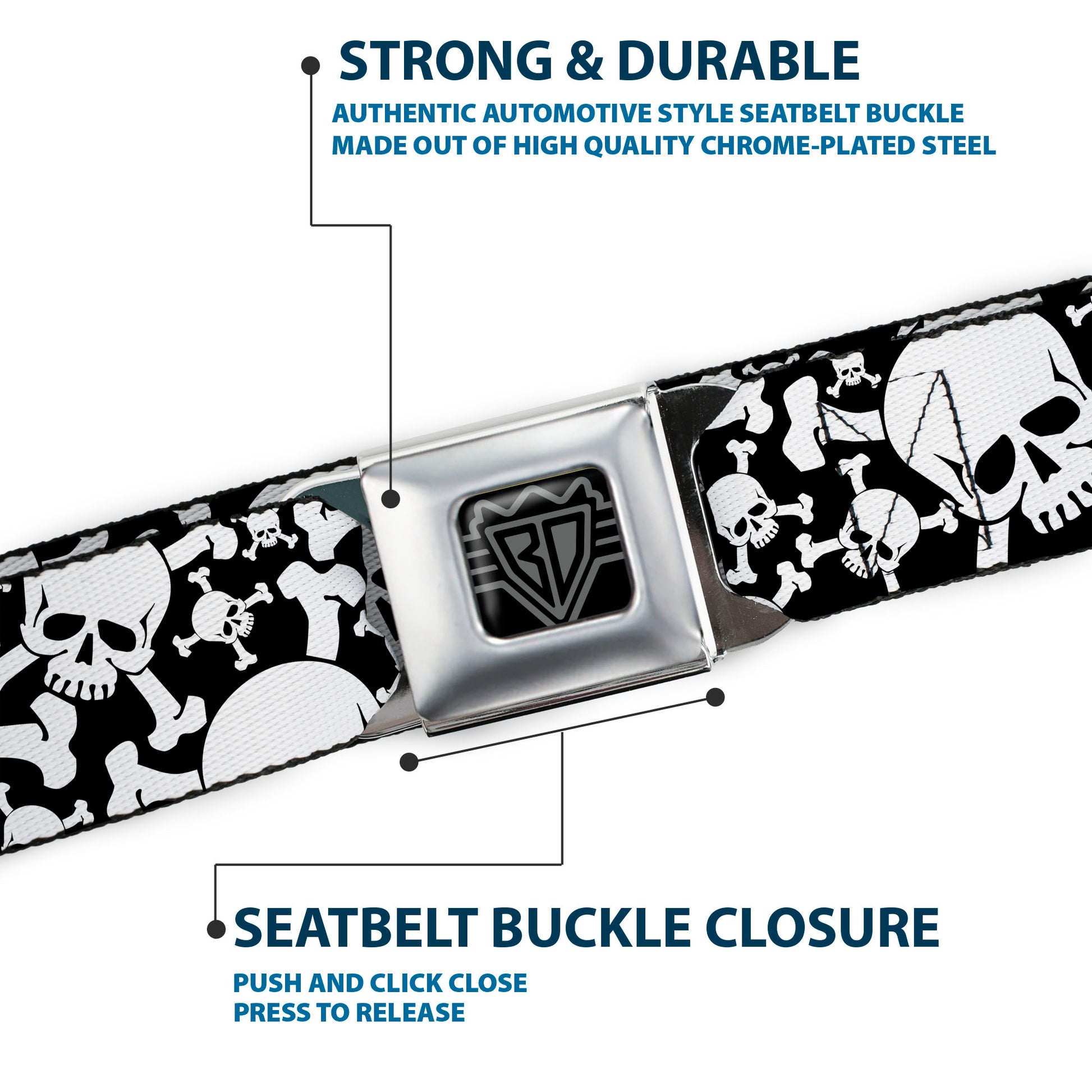 BD Wings Logo CLOSE-UP Black/Silver Seatbelt Belt - Top Skulls CLOSE-UP Stacked Black/White Webbing Seatbelt Belts Buckle-Down