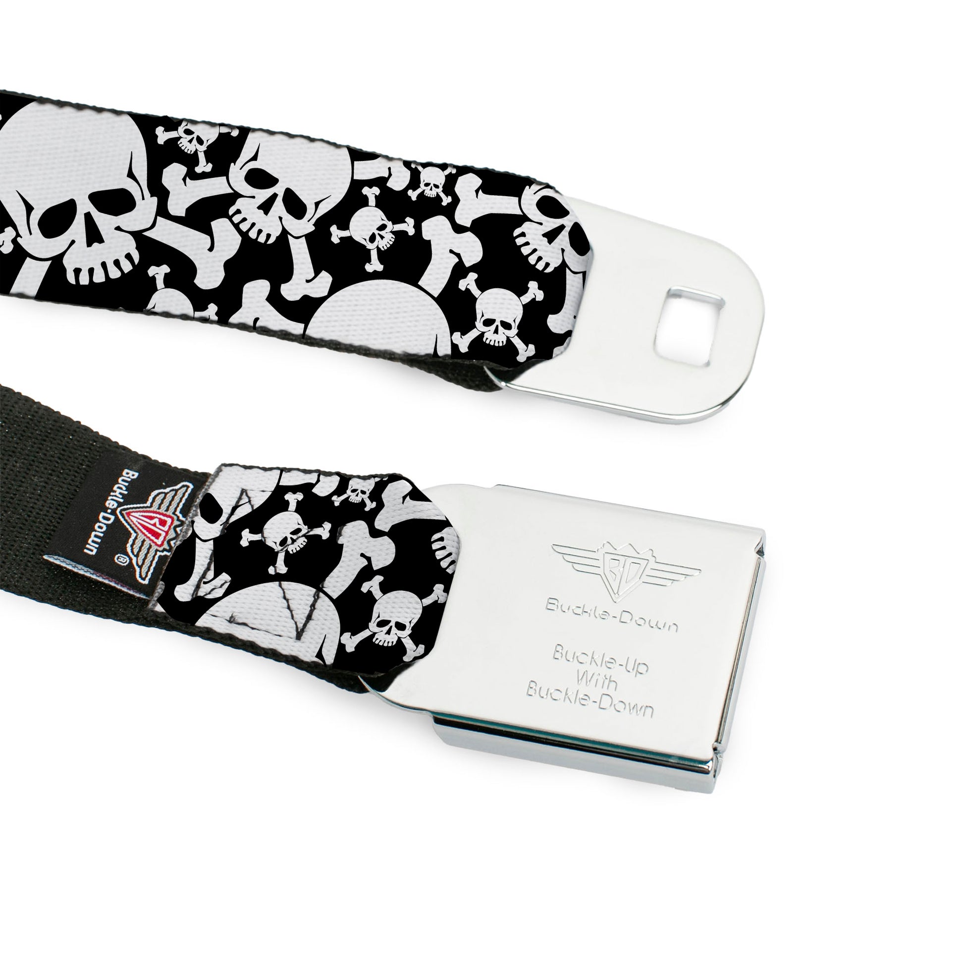 BD Wings Logo CLOSE-UP Black/Silver Seatbelt Belt - Top Skulls CLOSE-UP Stacked Black/White Webbing Seatbelt Belts Buckle-Down