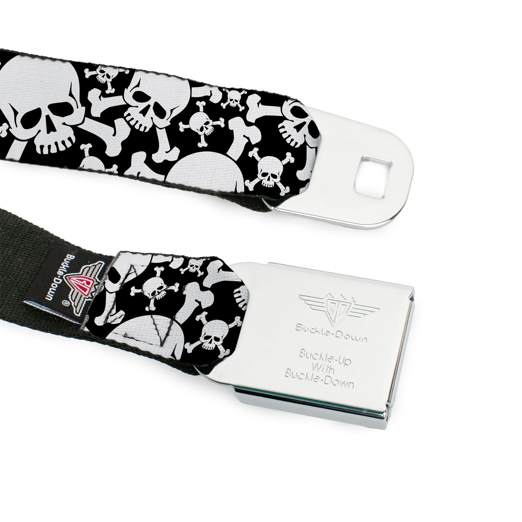 BD Wings Logo CLOSE-UP Black/Silver Seatbelt Belt - Top Skulls CLOSE-UP Stacked Black/White Webbing Seatbelt Belts Buckle-Down