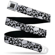 BD Wings Logo CLOSE-UP Black/Silver Seatbelt Belt - Top Skulls CLOSE-UP Stacked Black/White Webbing Seatbelt Belts Buckle-Down