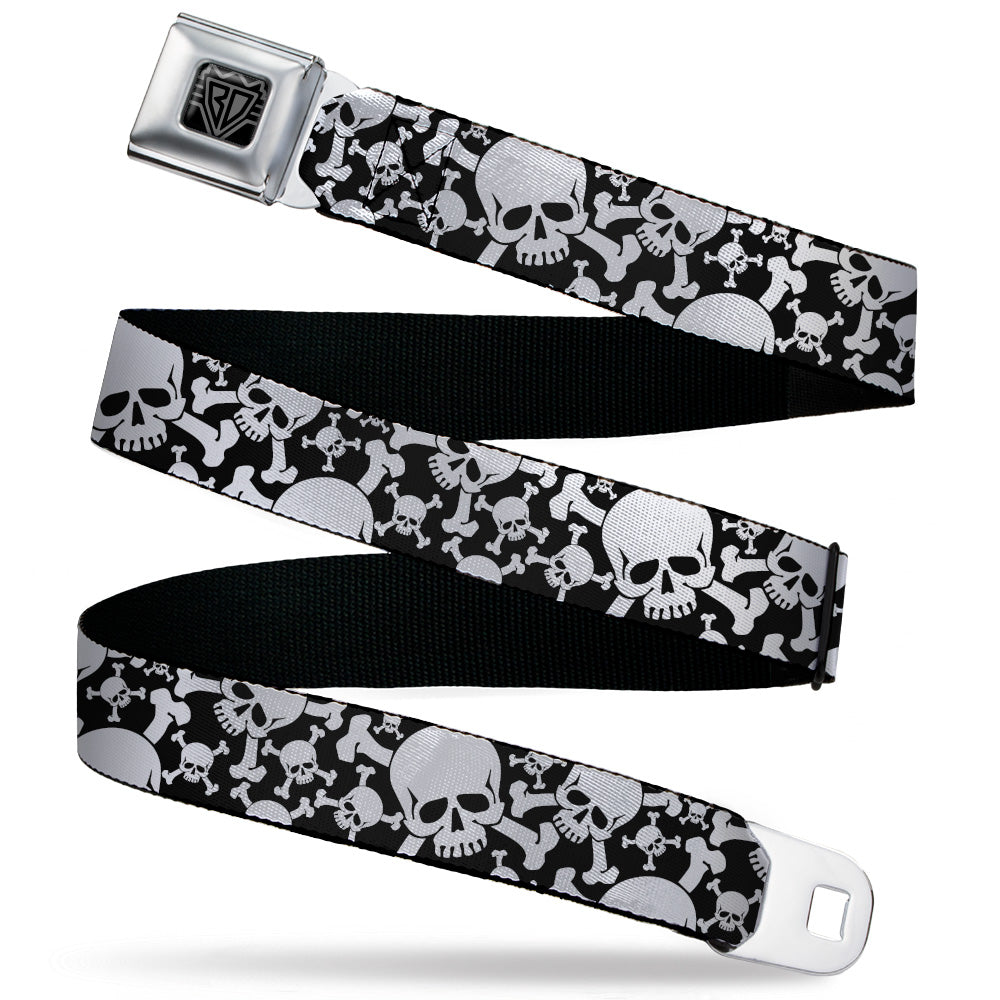 BD Wings Logo CLOSE-UP Black/Silver Seatbelt Belt - Top Skulls CLOSE-UP Stacked Black/White Webbing Seatbelt Belts Buckle-Down