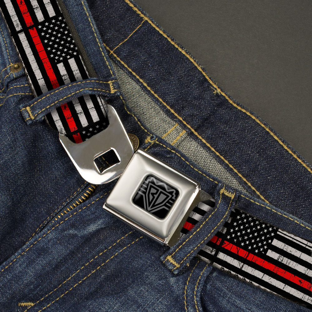 BD Wings Logo CLOSE-UP Black/Silver Seatbelt Belt - Thin Red Line Flag Weathered Black/Gray/Red Webbing Seatbelt Belts Buckle-Down