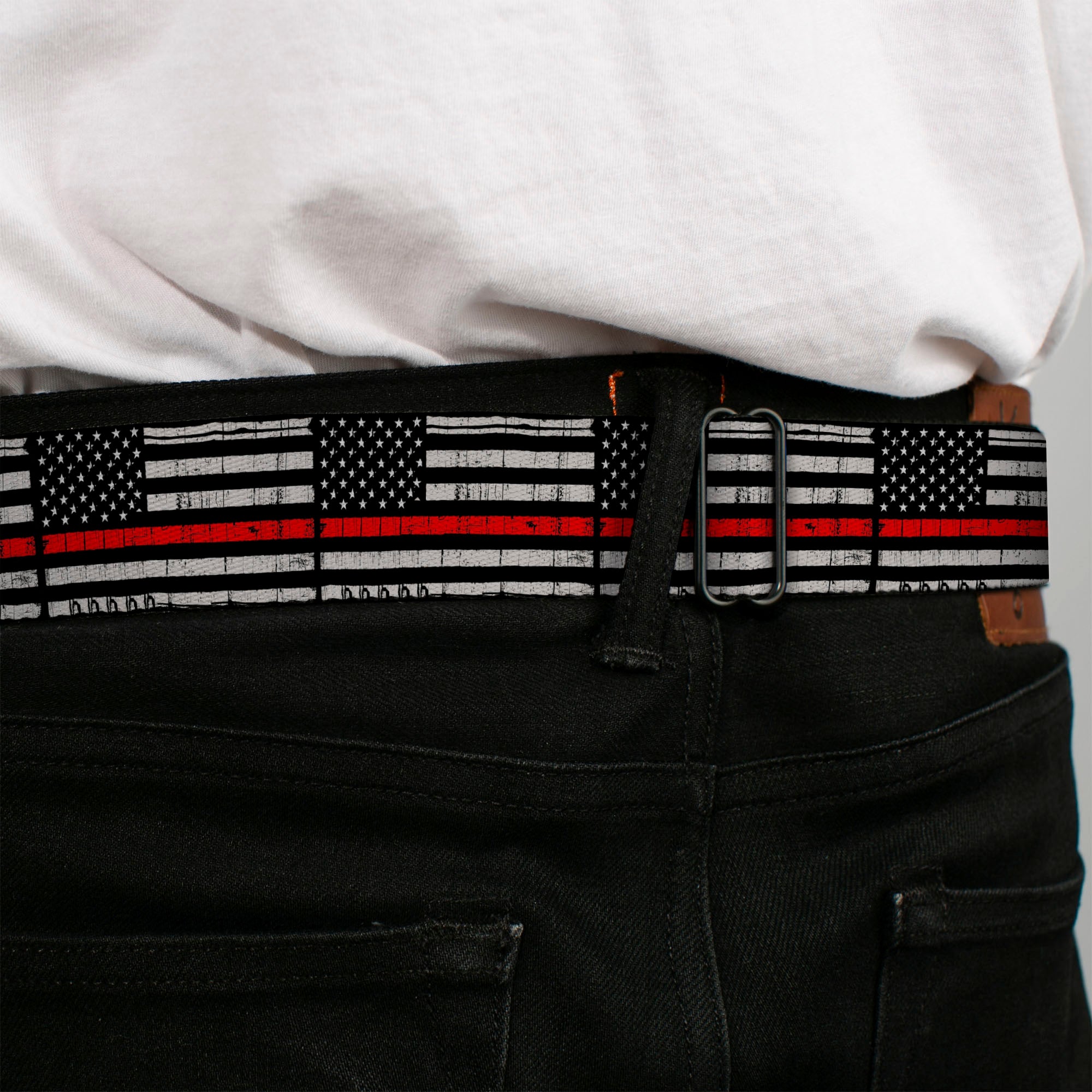 BD Wings Logo CLOSE-UP Black/Silver Seatbelt Belt - Thin Red Line Flag Weathered Black/Gray/Red Webbing Seatbelt Belts Buckle-Down