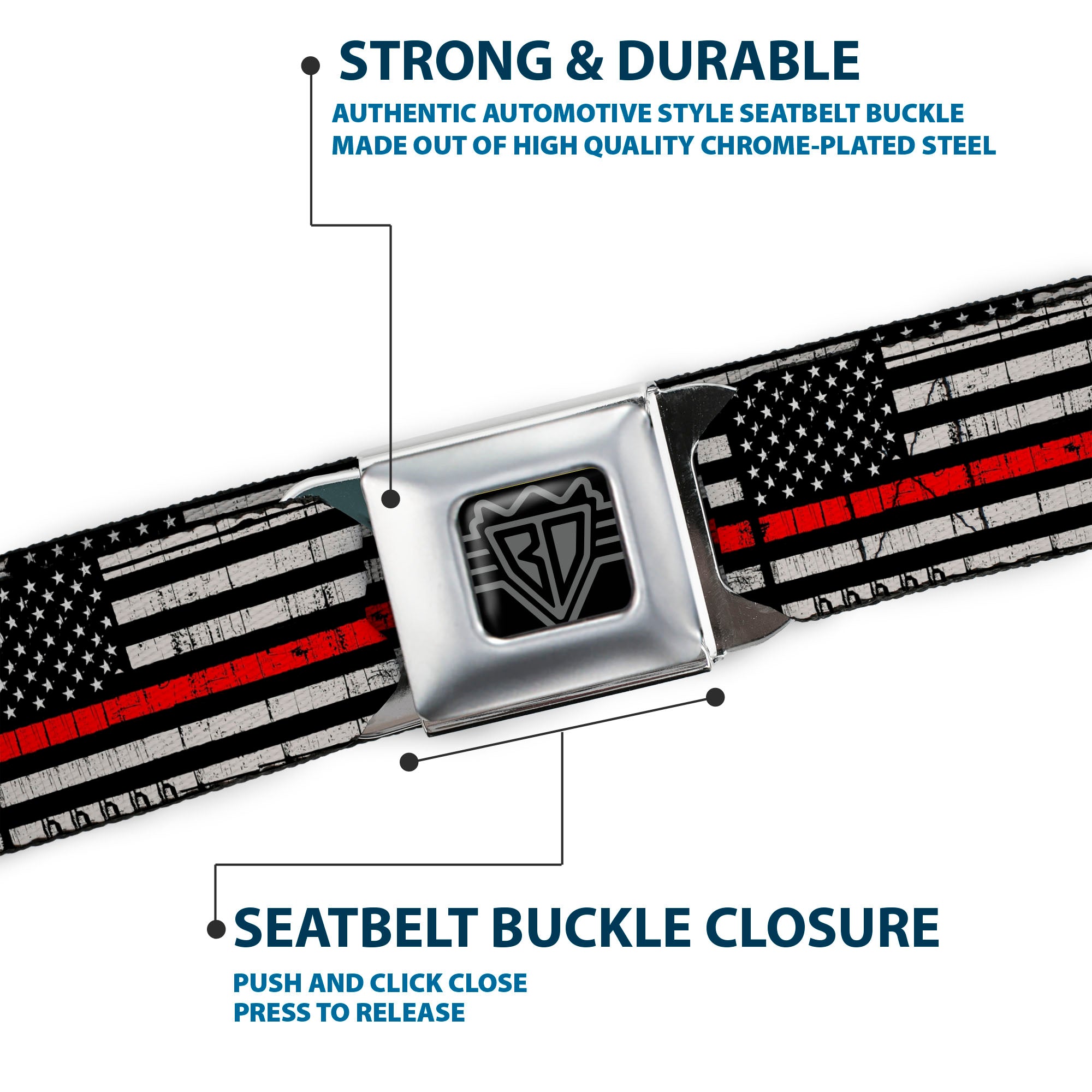 BD Wings Logo CLOSE-UP Full Color Black Silver Seatbelt Belt - Thin Red Line Flag Weathered Black/Gray/Red Webbing Seatbelt Belts Buckle-Down