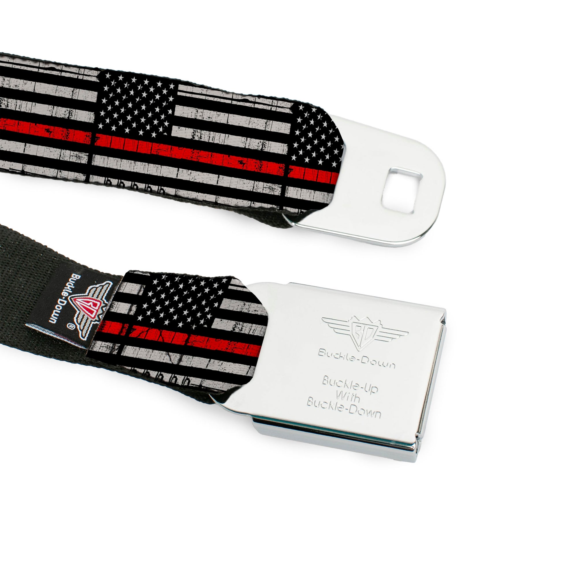 BD Wings Logo CLOSE-UP Black/Silver Seatbelt Belt - Thin Red Line Flag Weathered Black/Gray/Red Webbing Seatbelt Belts Buckle-Down