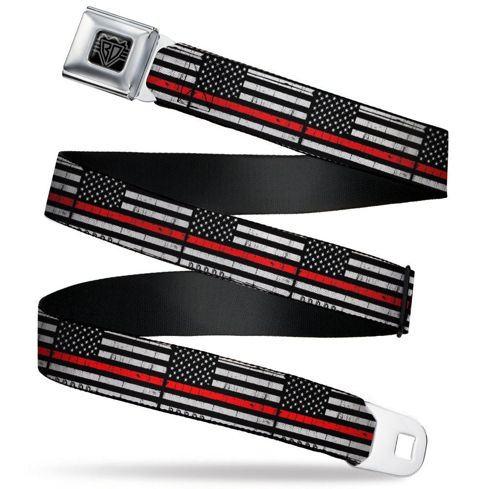 BD Wings Logo CLOSE-UP Full Color Black Silver Seatbelt Belt - Thin Red Line Flag Weathered Black/Gray/Red Webbing Seatbelt Belts Buckle-Down