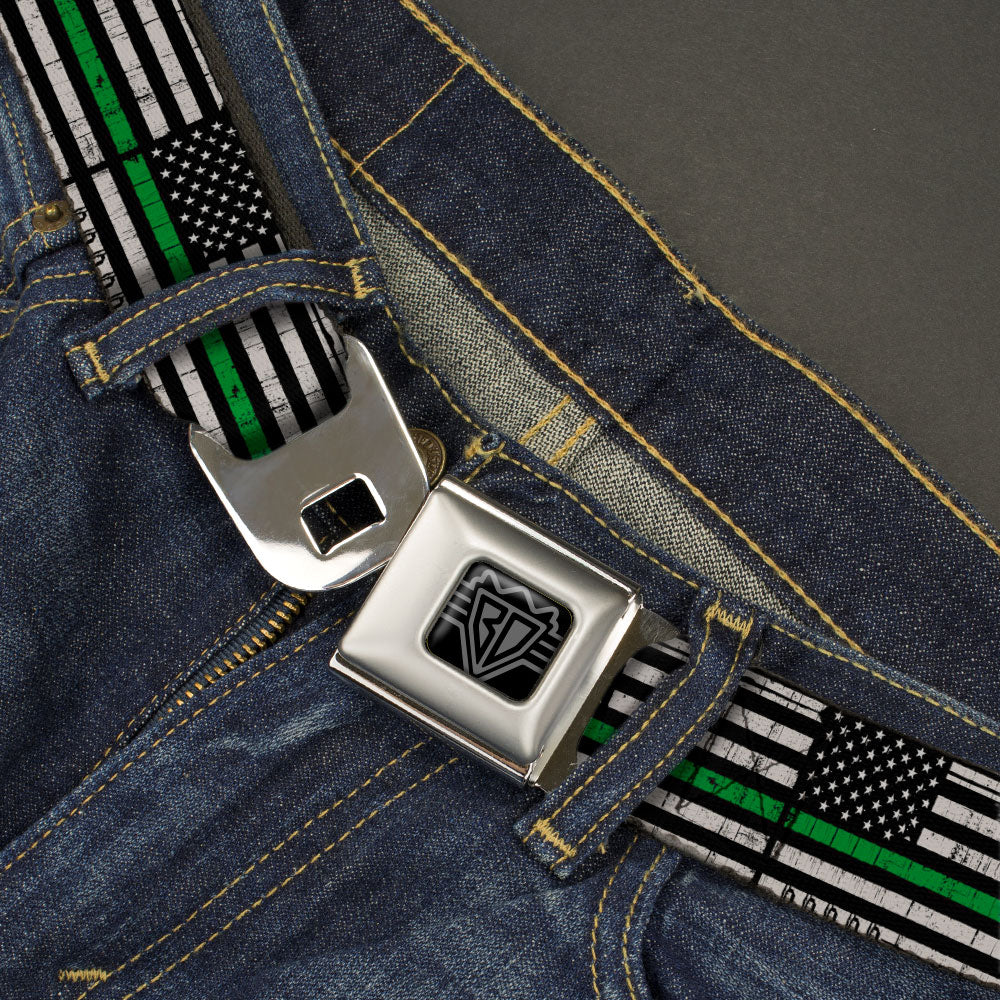 BD Wings Logo CLOSE-UP Black/Silver Seatbelt Belt - Thin Green Line Flag Weathered Black/Gray/Green Webbing Seatbelt Belts Buckle-Down