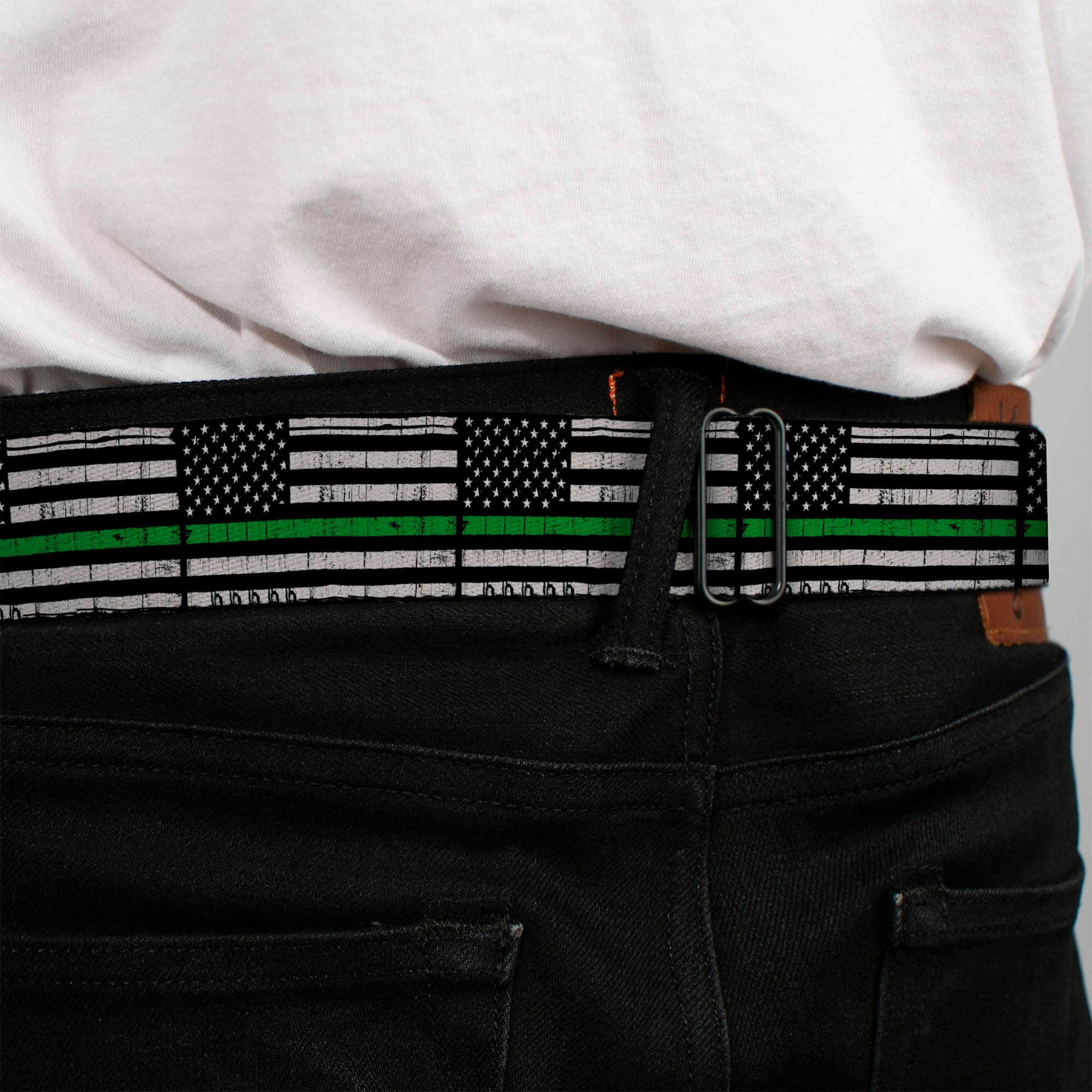 BD Wings Logo CLOSE-UP Black/Silver Seatbelt Belt - Thin Green Line Flag Weathered Black/Gray/Green Webbing Seatbelt Belts Buckle-Down
