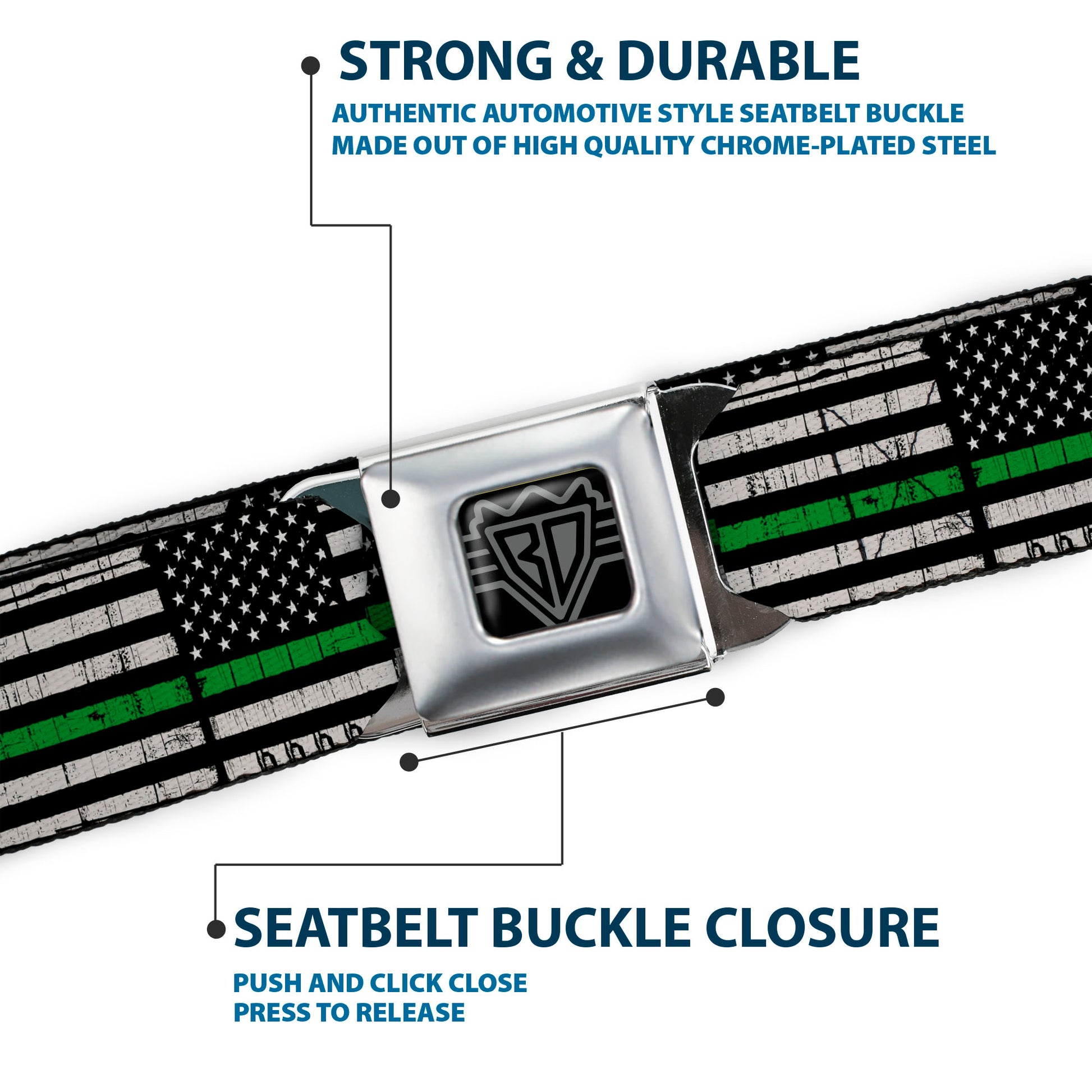 BD Wings Logo CLOSE-UP Black/Silver Seatbelt Belt - Thin Green Line Flag Weathered Black/Gray/Green Webbing Seatbelt Belts Buckle-Down