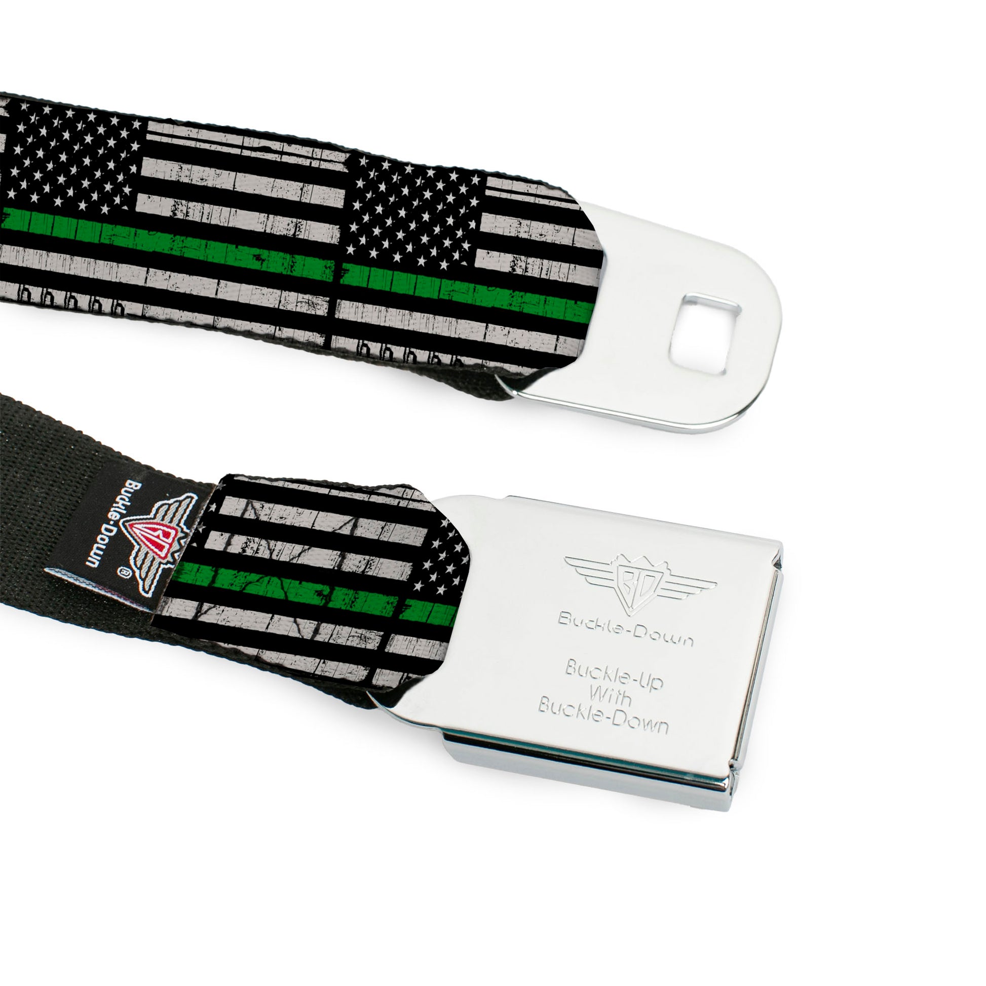 BD Wings Logo CLOSE-UP Black/Silver Seatbelt Belt - Thin Green Line Flag Weathered Black/Gray/Green Webbing Seatbelt Belts Buckle-Down