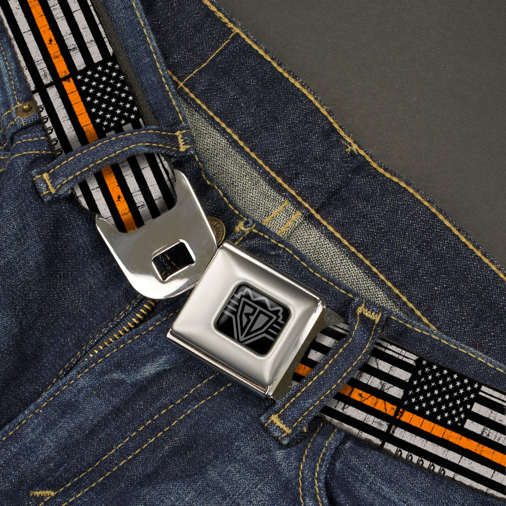 BD Wings Logo CLOSE-UP Black/Silver Seatbelt Belt - Thin Orange Line Flag Weathered Black/Gray/Orange Webbing Seatbelt Belts Buckle-Down