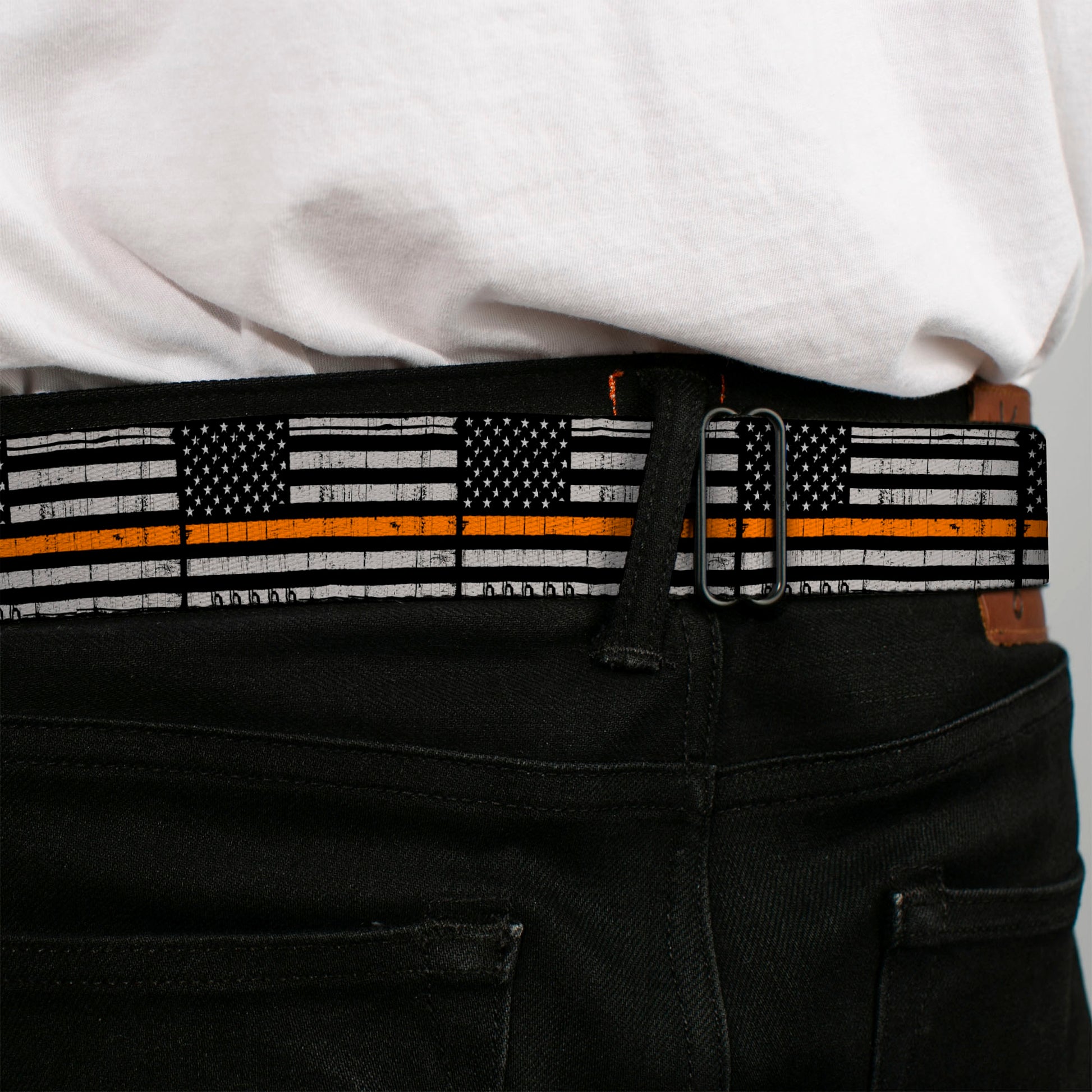 BD Wings Logo CLOSE-UP Black/Silver Seatbelt Belt - Thin Orange Line Flag Weathered Black/Gray/Orange Webbing Seatbelt Belts Buckle-Down