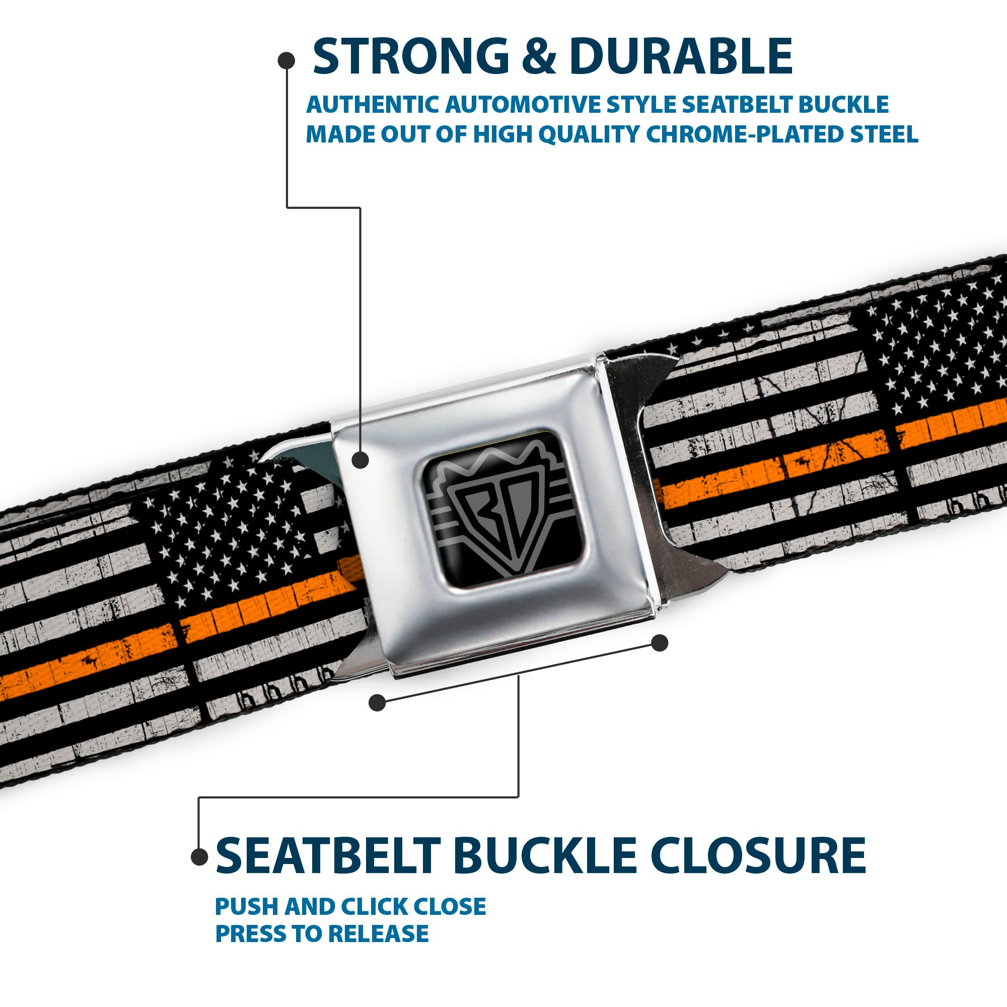 BD Wings Logo CLOSE-UP Black/Silver Seatbelt Belt - Thin Orange Line Flag Weathered Black/Gray/Orange Webbing Seatbelt Belts Buckle-Down