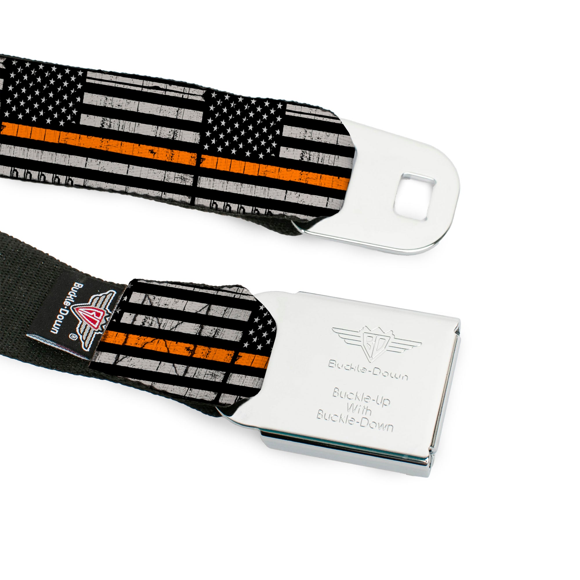BD Wings Logo CLOSE-UP Black/Silver Seatbelt Belt - Thin Orange Line Flag Weathered Black/Gray/Orange Webbing Seatbelt Belts Buckle-Down