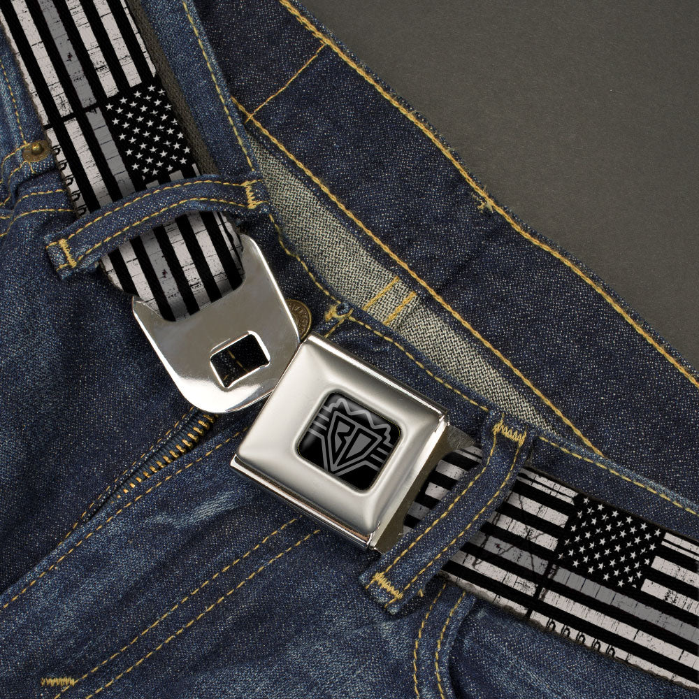 BD Wings Logo CLOSE-UP Black/Silver Seatbelt Belt - Thin Gray Line Flag Weathered Black/Grays Webbing Seatbelt Belts Buckle-Down