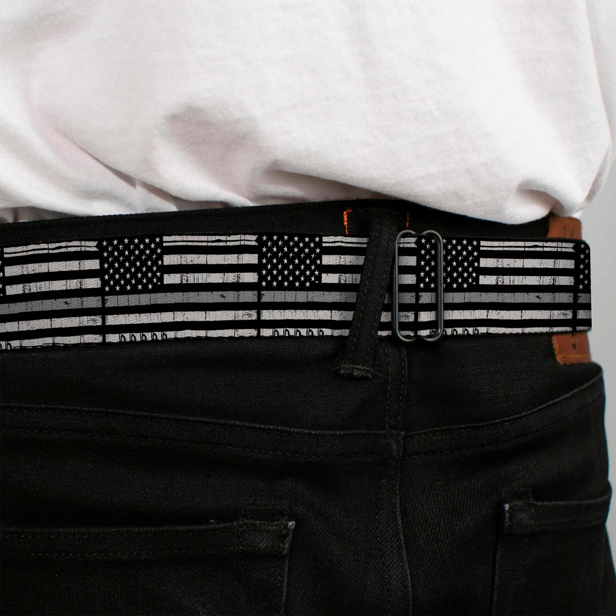 BD Wings Logo CLOSE-UP Black/Silver Seatbelt Belt - Thin Gray Line Flag Weathered Black/Grays Webbing Seatbelt Belts Buckle-Down