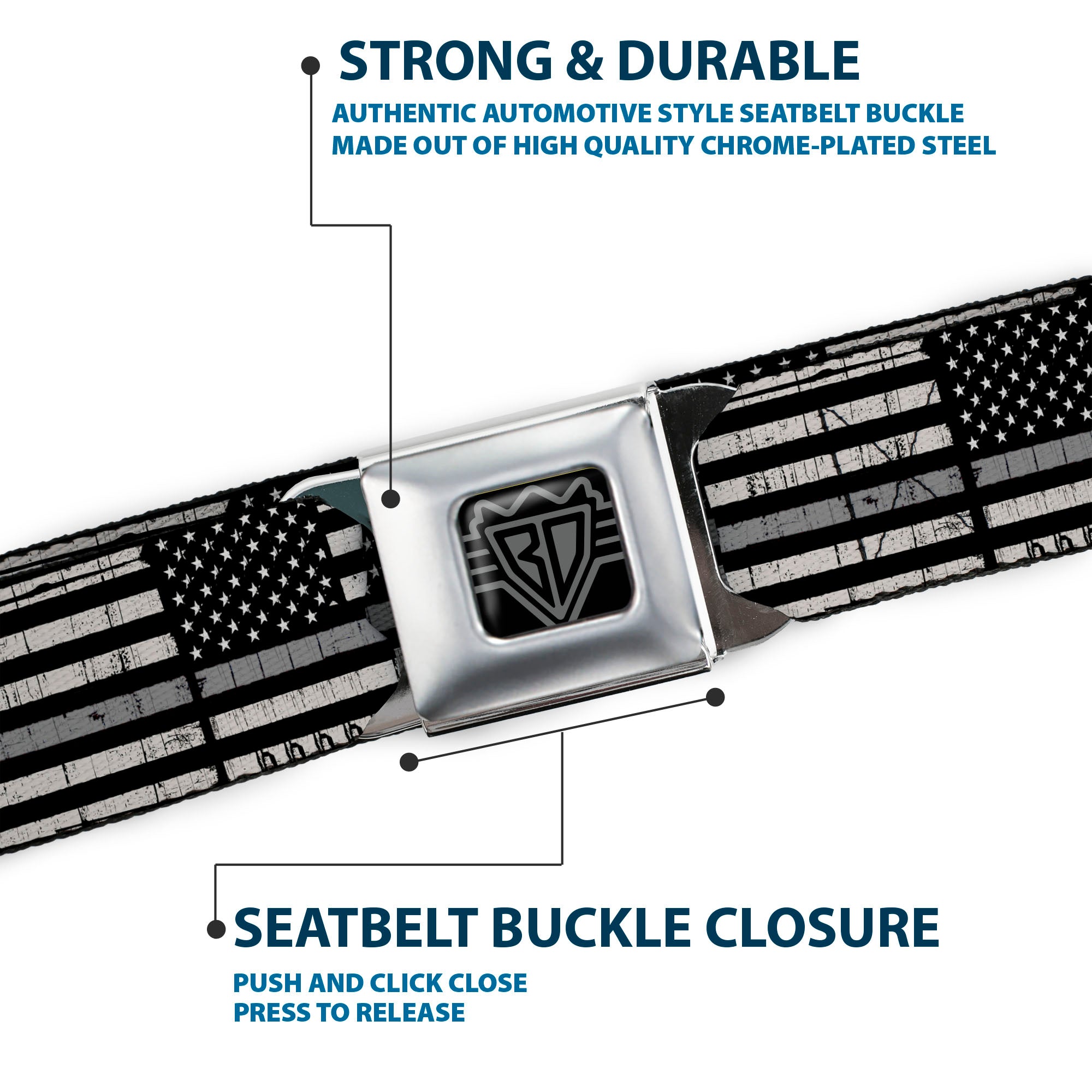BD Wings Logo CLOSE-UP Black/Silver Seatbelt Belt - Thin Gray Line Flag Weathered Black/Grays Webbing Seatbelt Belts Buckle-Down