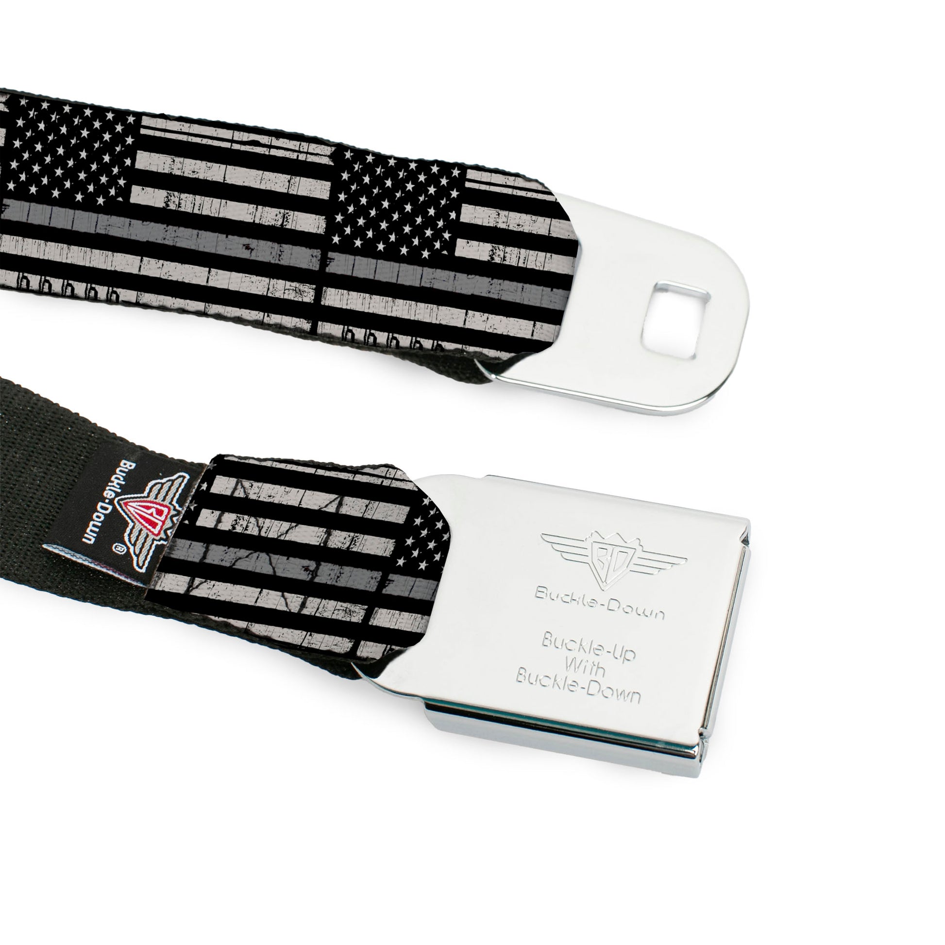 BD Wings Logo CLOSE-UP Black/Silver Seatbelt Belt - Thin Gray Line Flag Weathered Black/Grays Webbing Seatbelt Belts Buckle-Down