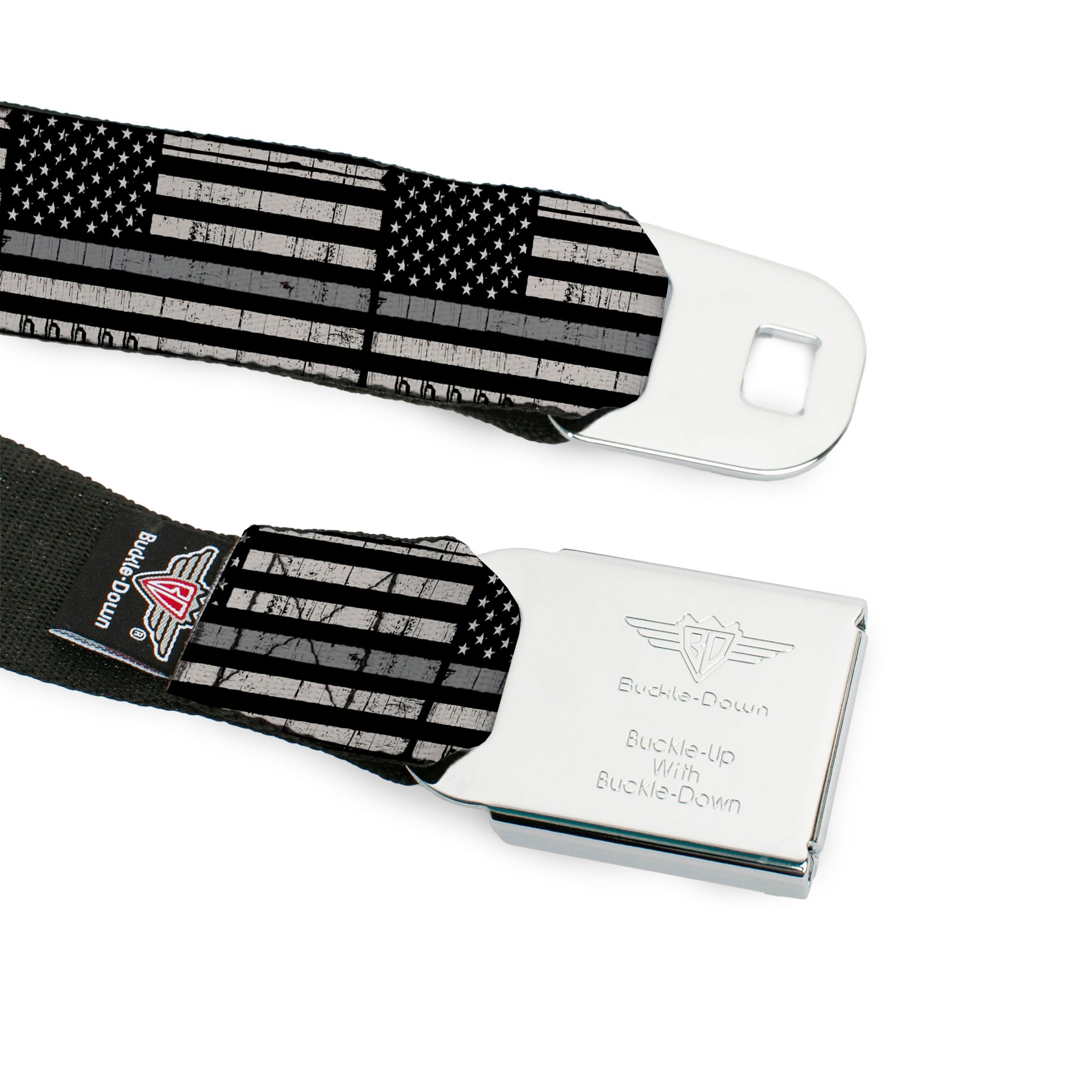 BD Wings Logo CLOSE-UP Black/Silver Seatbelt Belt - Thin Gray Line Flag Weathered Black/Grays Webbing Seatbelt Belts Buckle-Down