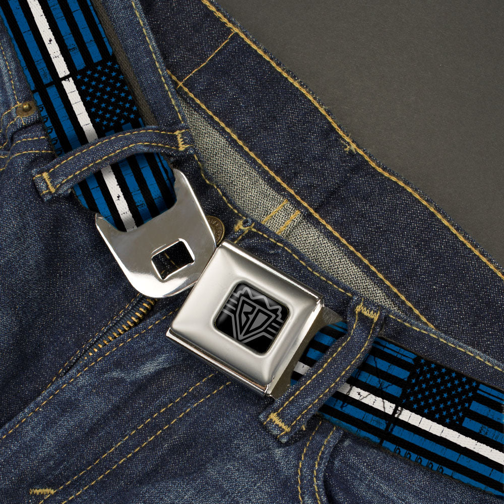 BD Wings Logo CLOSE-UP Black/Silver Seatbelt Belt - Thin White Line Flag Weathered Black/Blue/White Webbing Seatbelt Belts Buckle-Down