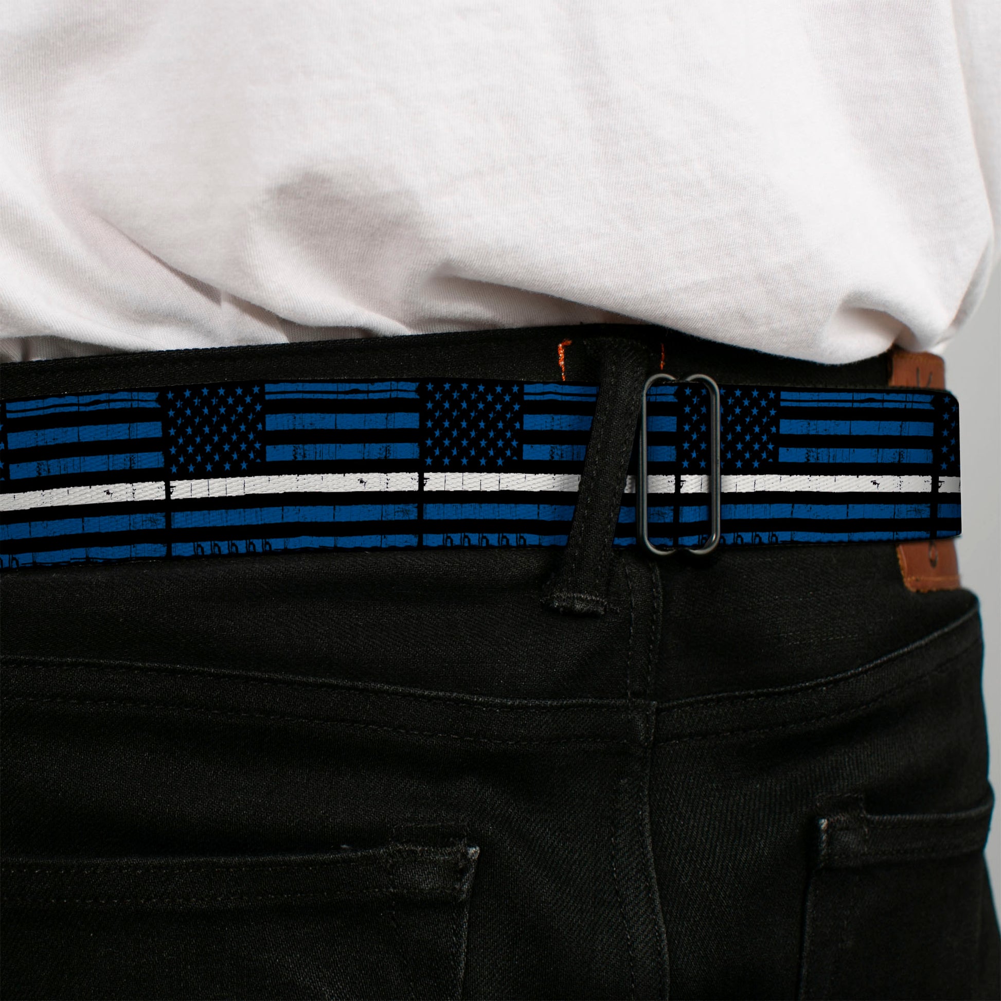 BD Wings Logo CLOSE-UP Black/Silver Seatbelt Belt - Thin White Line Flag Weathered Black/Blue/White Webbing Seatbelt Belts Buckle-Down