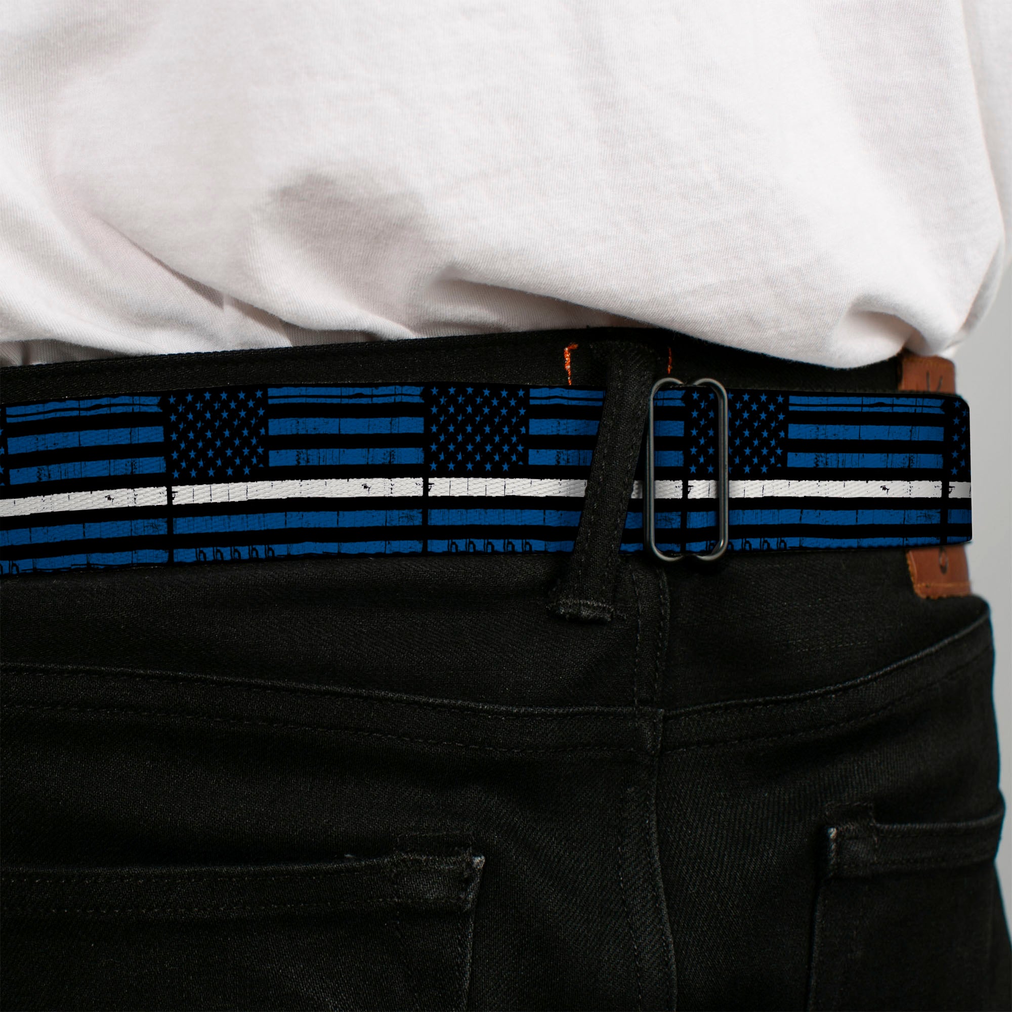 BD Wings Logo CLOSE-UP Black/Silver Seatbelt Belt - Thin White Line Flag Weathered Black/Blue/White Webbing Seatbelt Belts Buckle-Down