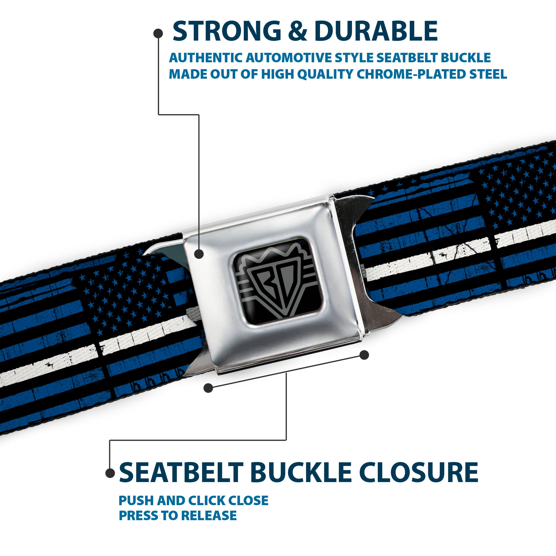 BD Wings Logo CLOSE-UP Black/Silver Seatbelt Belt - Thin White Line Flag Weathered Black/Blue/White Webbing Seatbelt Belts Buckle-Down