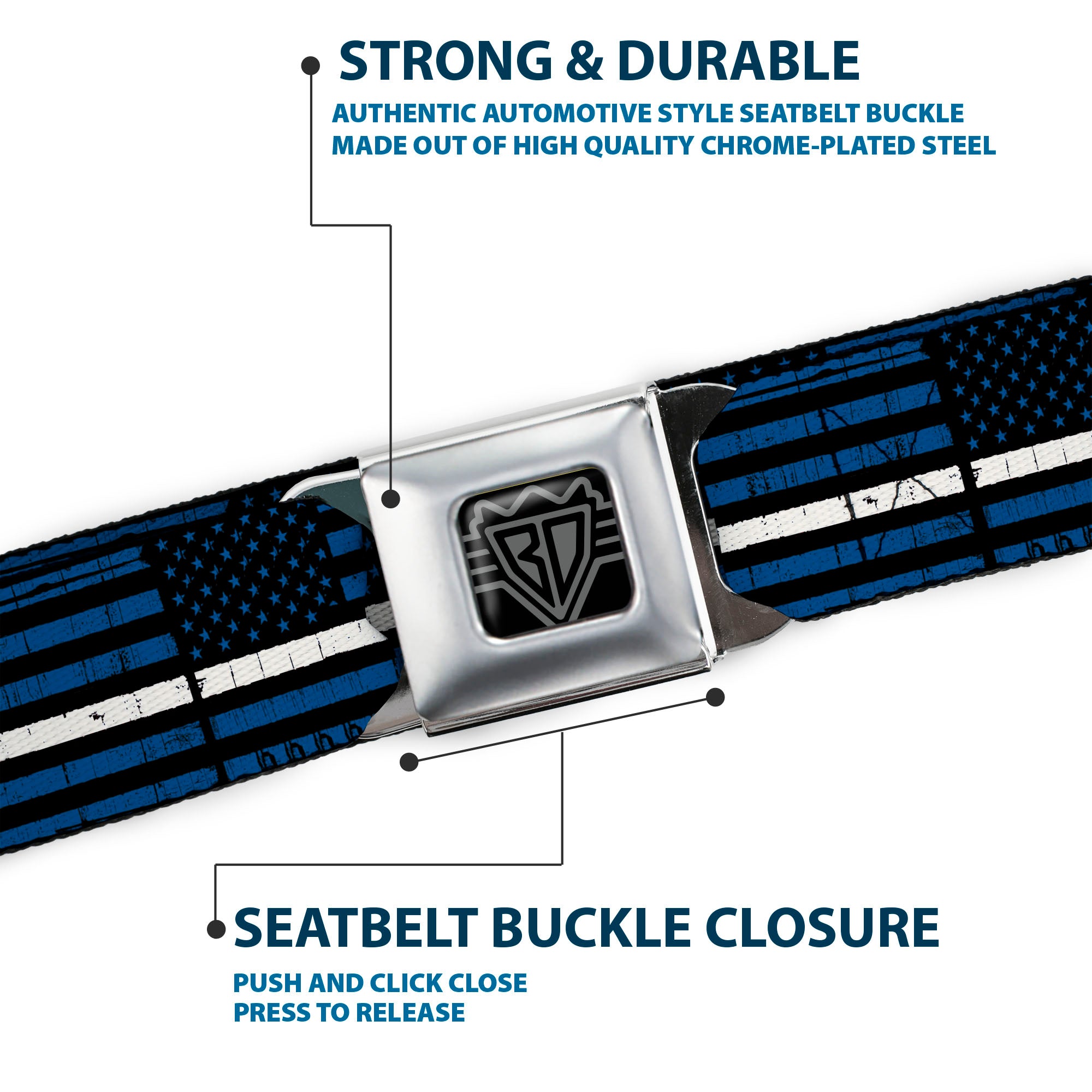 BD Wings Logo CLOSE-UP Black/Silver Seatbelt Belt - Thin White Line Flag Weathered Black/Blue/White Webbing Seatbelt Belts Buckle-Down
