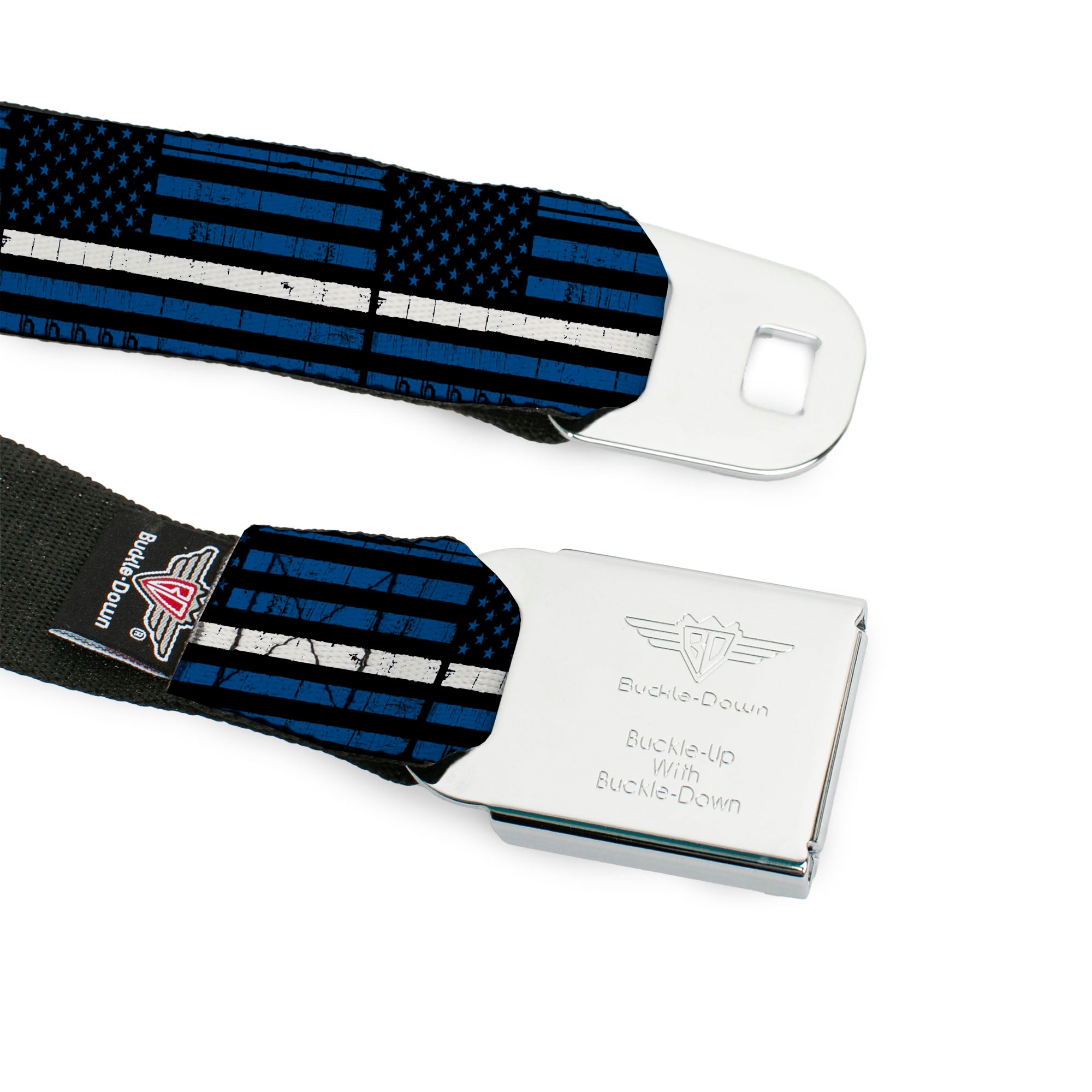 BD Wings Logo CLOSE-UP Black/Silver Seatbelt Belt - Thin White Line Flag Weathered Black/Blue/White Webbing Seatbelt Belts Buckle-Down