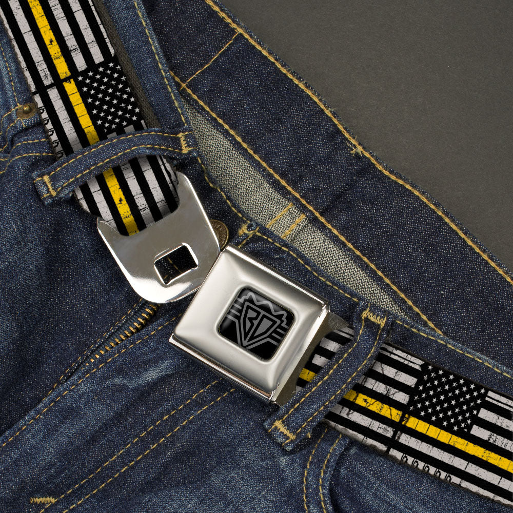 BD Wings Logo CLOSE-UP Black/Silver Seatbelt Belt - Thin Yellow Line Flag Weathered Black/Gray/Yellow Webbing Seatbelt Belts Buckle-Down