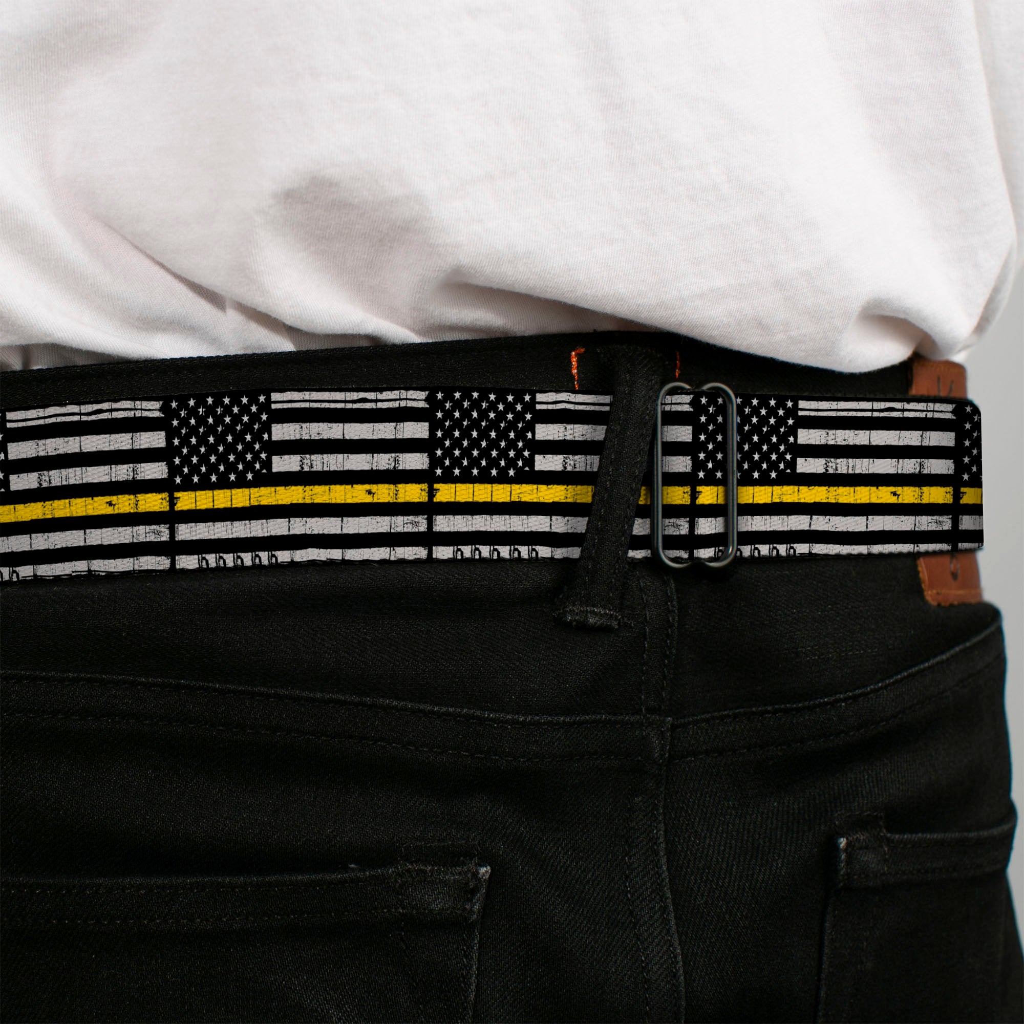 BD Wings Logo CLOSE-UP Black/Silver Seatbelt Belt - Thin Yellow Line Flag Weathered Black/Gray/Yellow Webbing Seatbelt Belts Buckle-Down