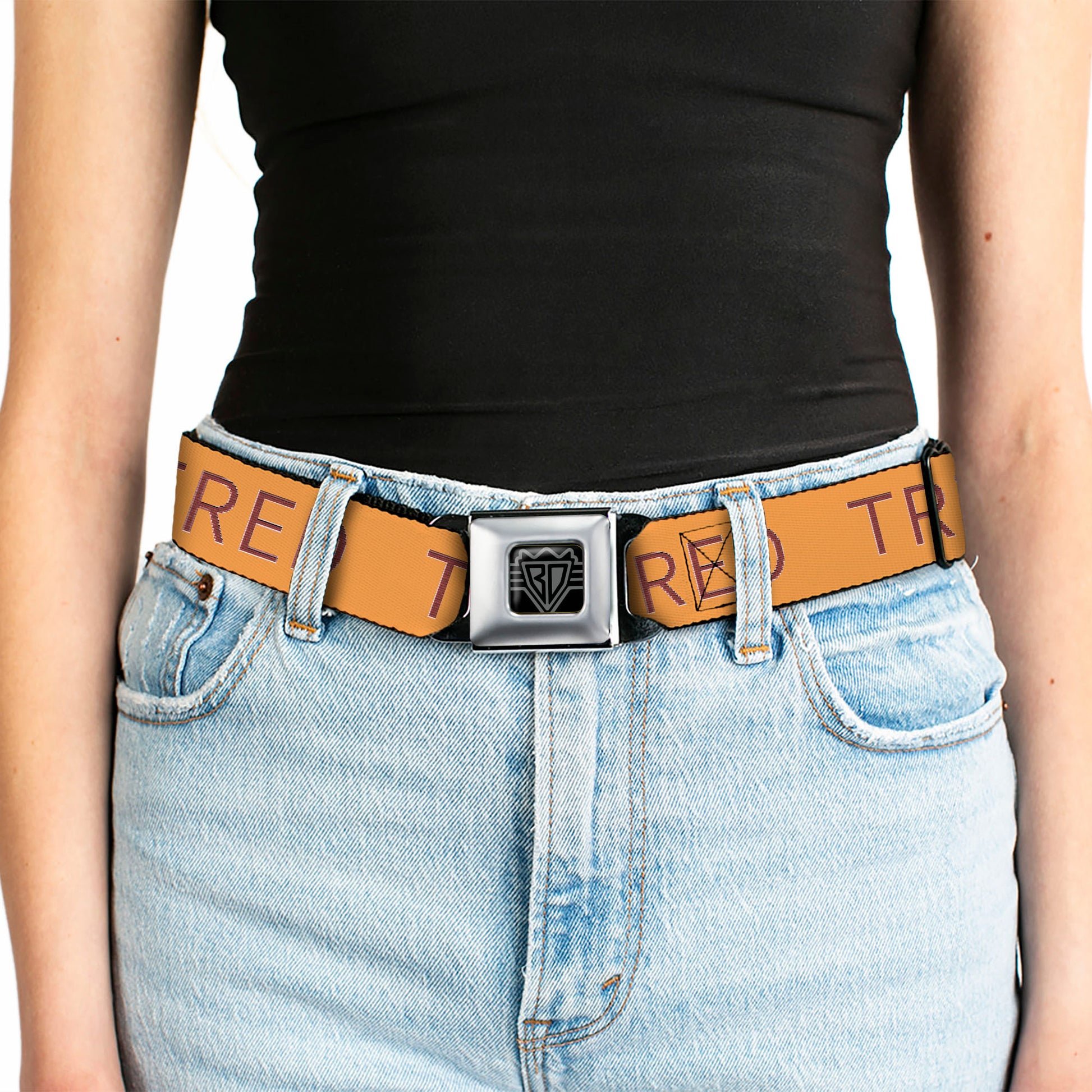 BD Wings Logo CLOSE-UP Black/Silver Seatbelt Belt - TRIGGERED Orange/Burgundy Webbing Seatbelt Belts Buckle-Down