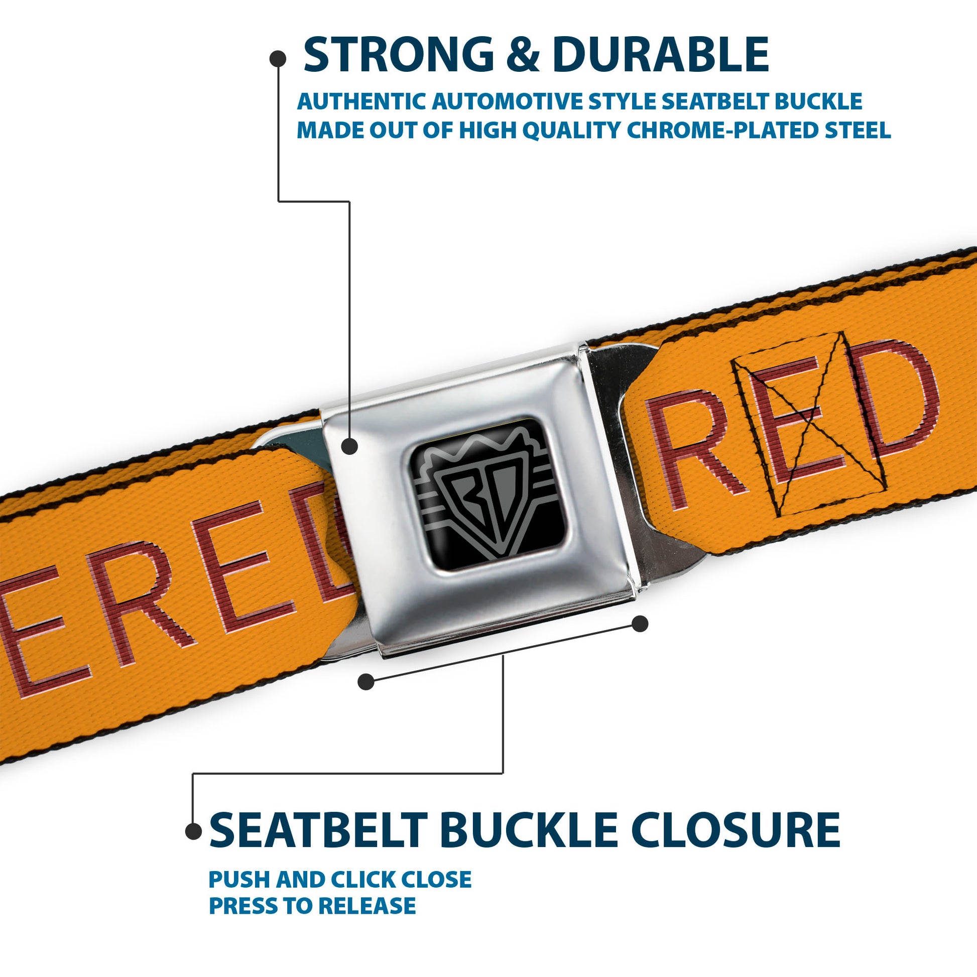 BD Wings Logo CLOSE-UP Black/Silver Seatbelt Belt - TRIGGERED Orange/Burgundy Webbing Seatbelt Belts Buckle-Down