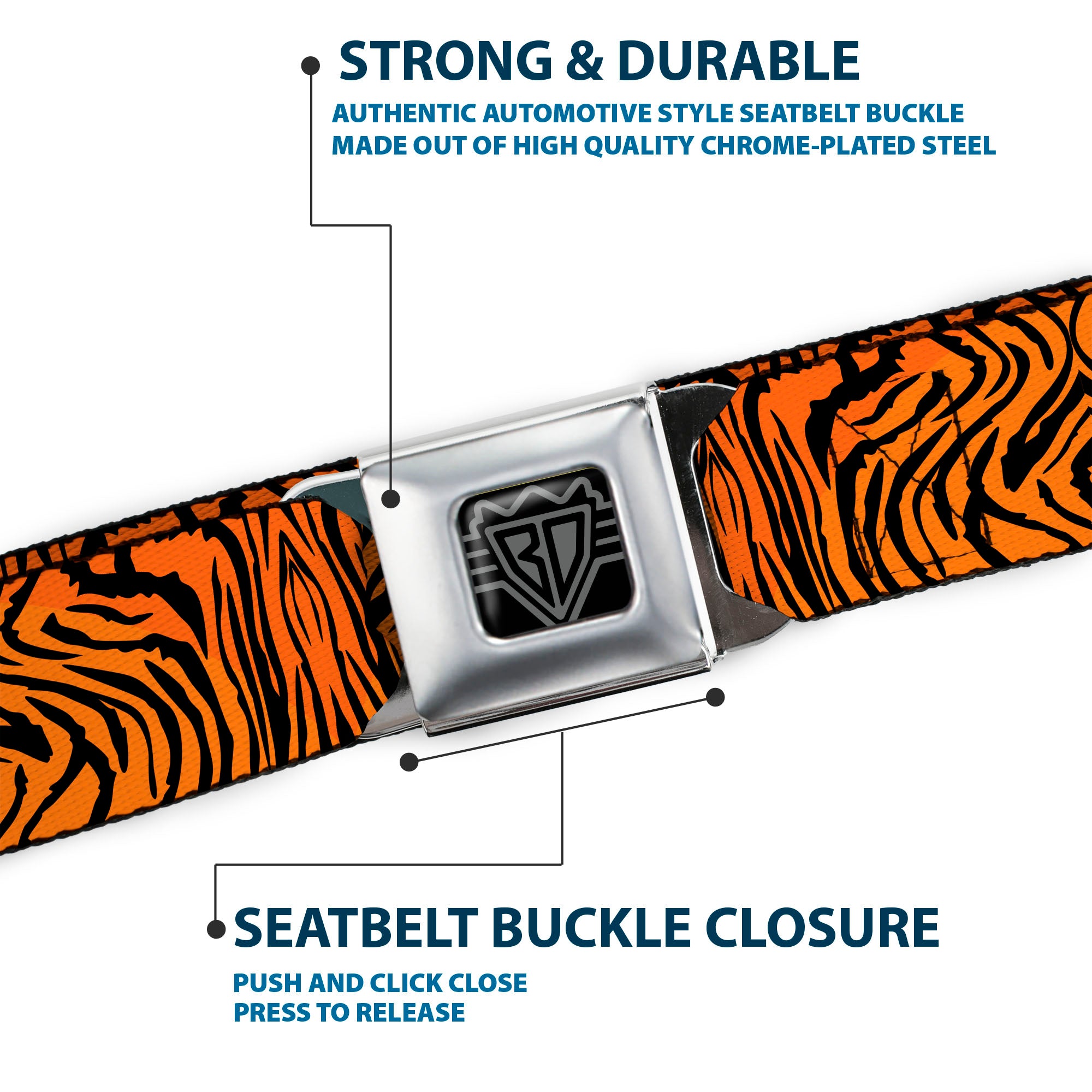 BD Wings Logo CLOSE-UP Black/Silver Seatbelt Belt - Tiger2 Orange/Black Webbing Seatbelt Belts Buckle-Down