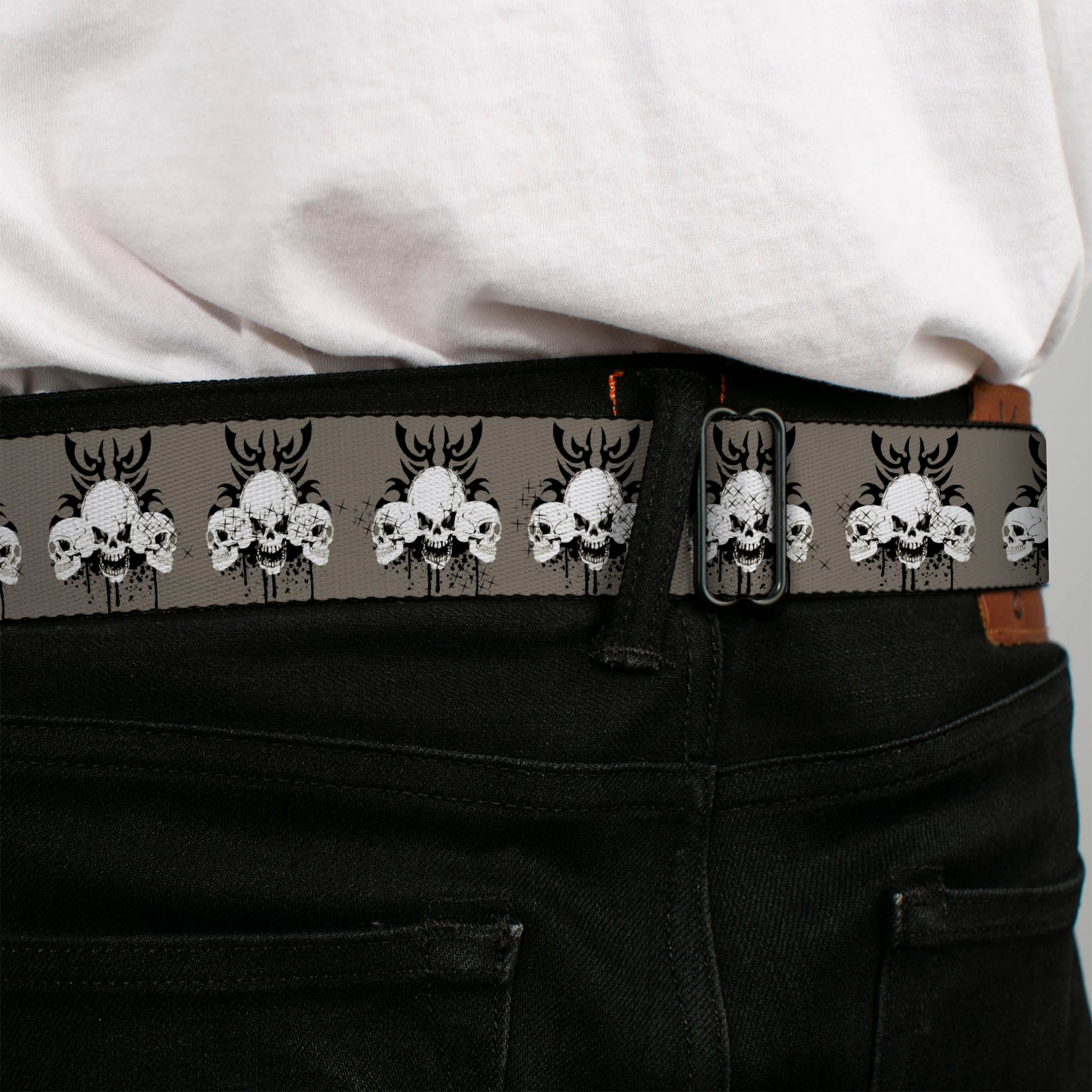 BD Wings Logo CLOSE-UP Black/Silver Seatbelt Belt - Buckle-Down Die Hard Skull Trio Gray/Black/White Webbing Seatbelt Belts Buckle-Down