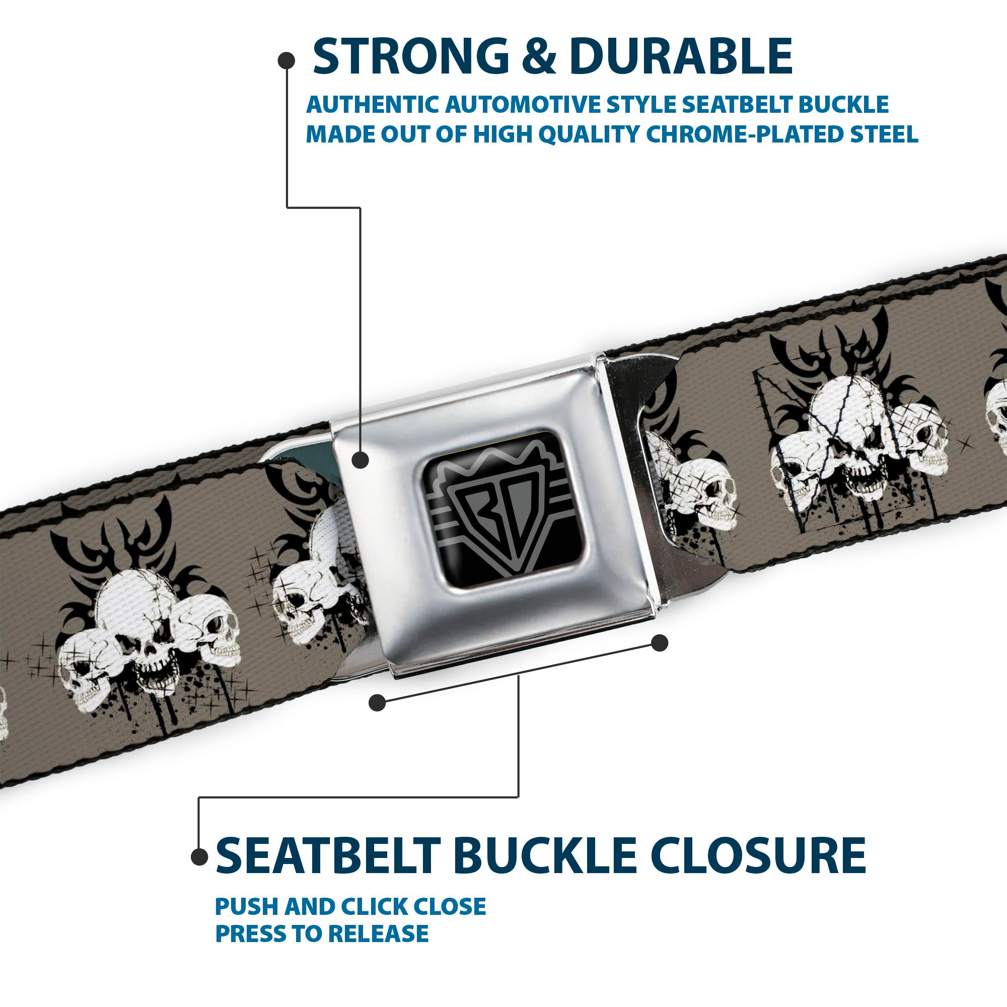 BD Wings Logo CLOSE-UP Black/Silver Seatbelt Belt - Buckle-Down Die Hard Skull Trio Gray/Black/White Webbing Seatbelt Belts Buckle-Down