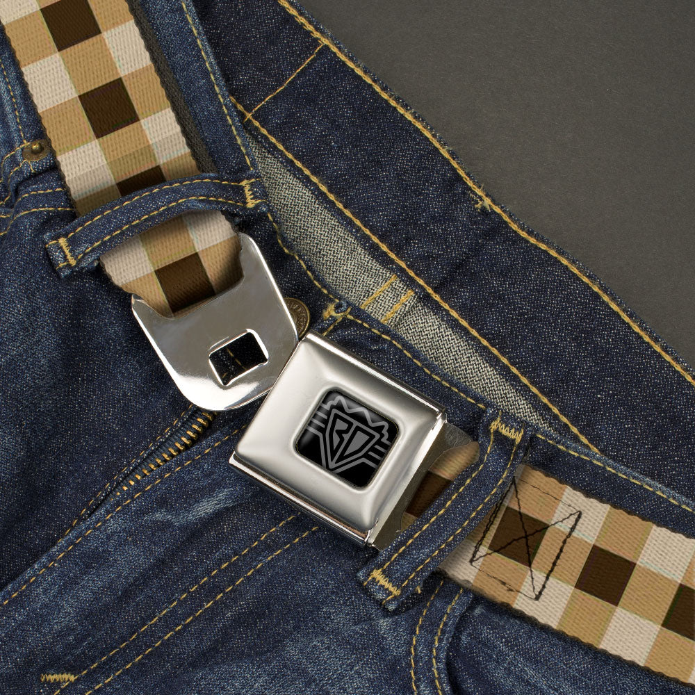 BD Wings Logo CLOSE-UP Black/Silver Seatbelt Belt - Buffalo Plaid Tans/Brown Webbing Seatbelt Belts Buckle-Down