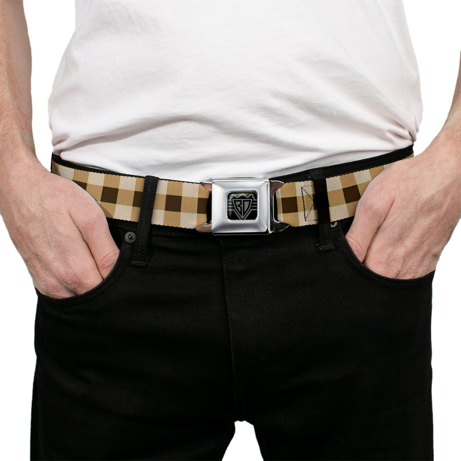 BD Wings Logo CLOSE-UP Black/Silver Seatbelt Belt - Buffalo Plaid Tans/Brown Webbing Seatbelt Belts Buckle-Down