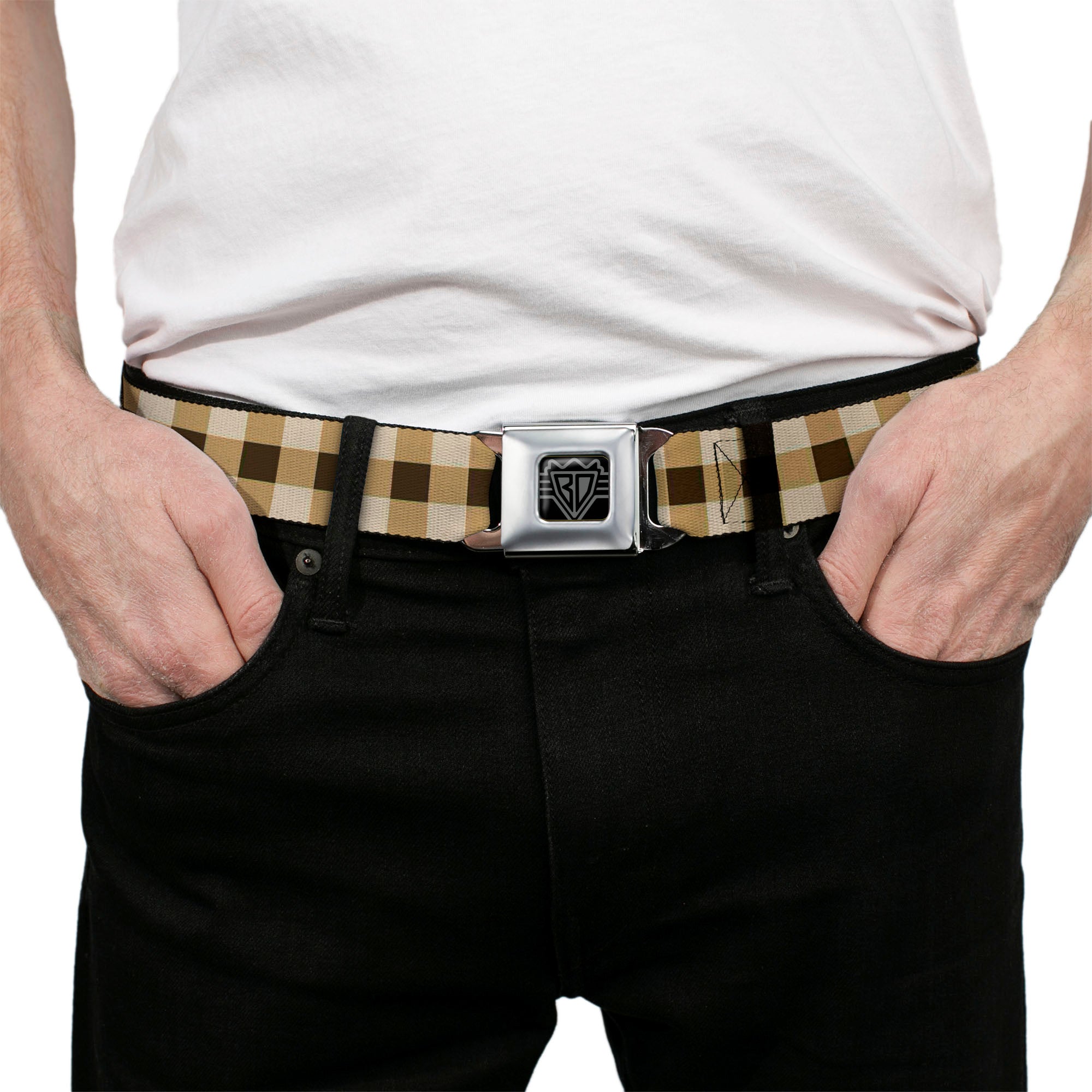 BD Wings Logo CLOSE-UP Black/Silver Seatbelt Belt - Buffalo Plaid Tans/Brown Webbing Seatbelt Belts Buckle-Down