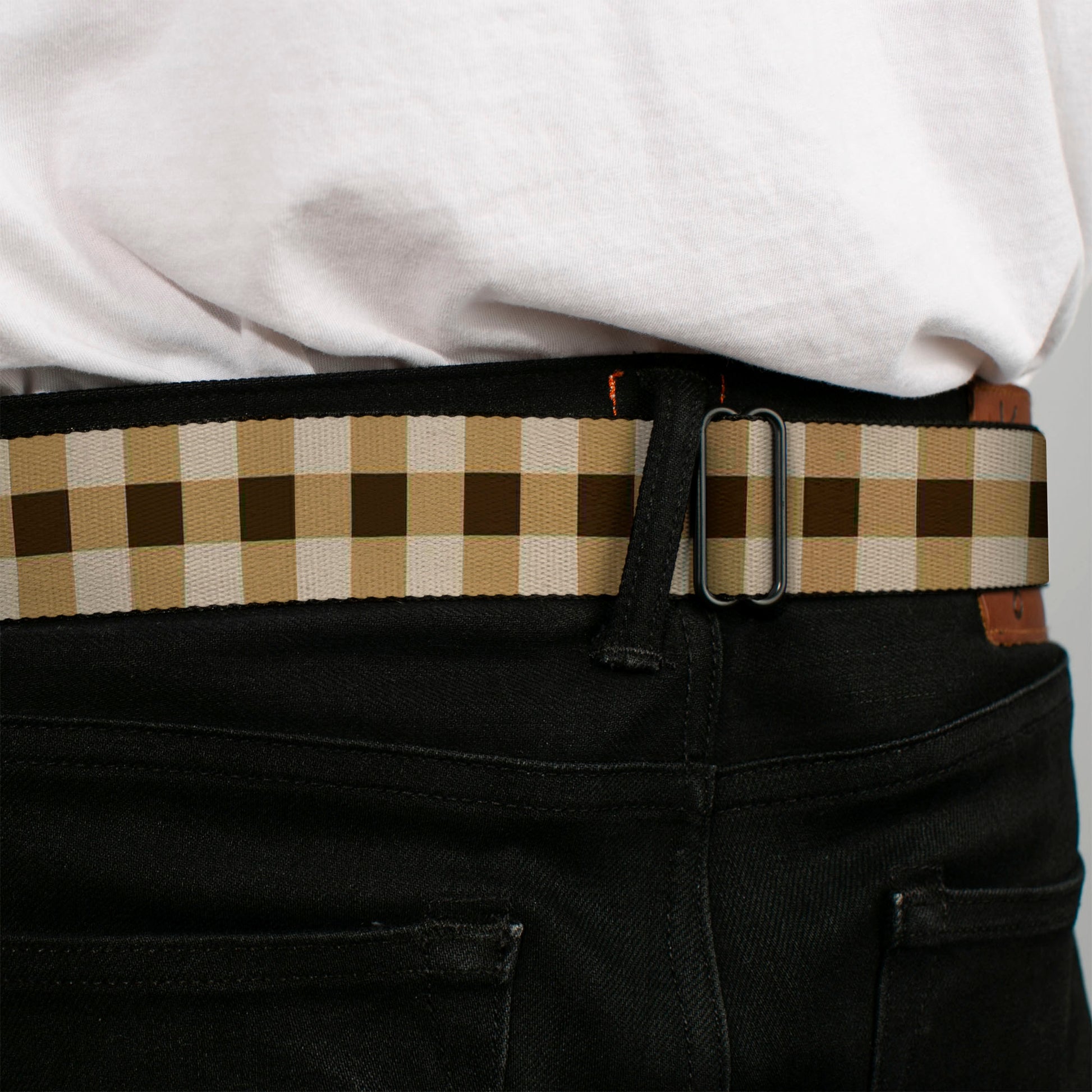 BD Wings Logo CLOSE-UP Black/Silver Seatbelt Belt - Buffalo Plaid Tans/Brown Webbing Seatbelt Belts Buckle-Down
