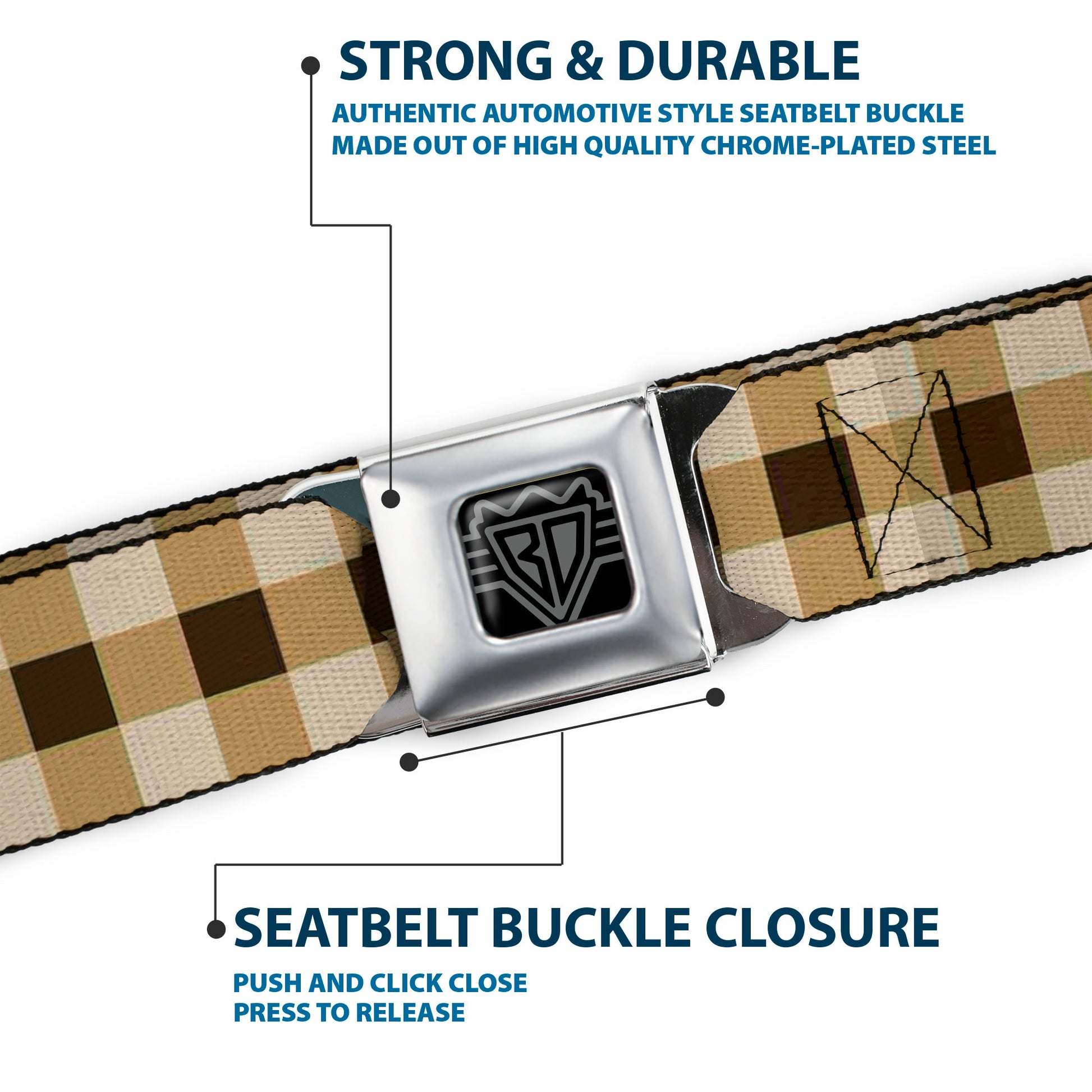 BD Wings Logo CLOSE-UP Black/Silver Seatbelt Belt - Buffalo Plaid Tans/Brown Webbing Seatbelt Belts Buckle-Down
