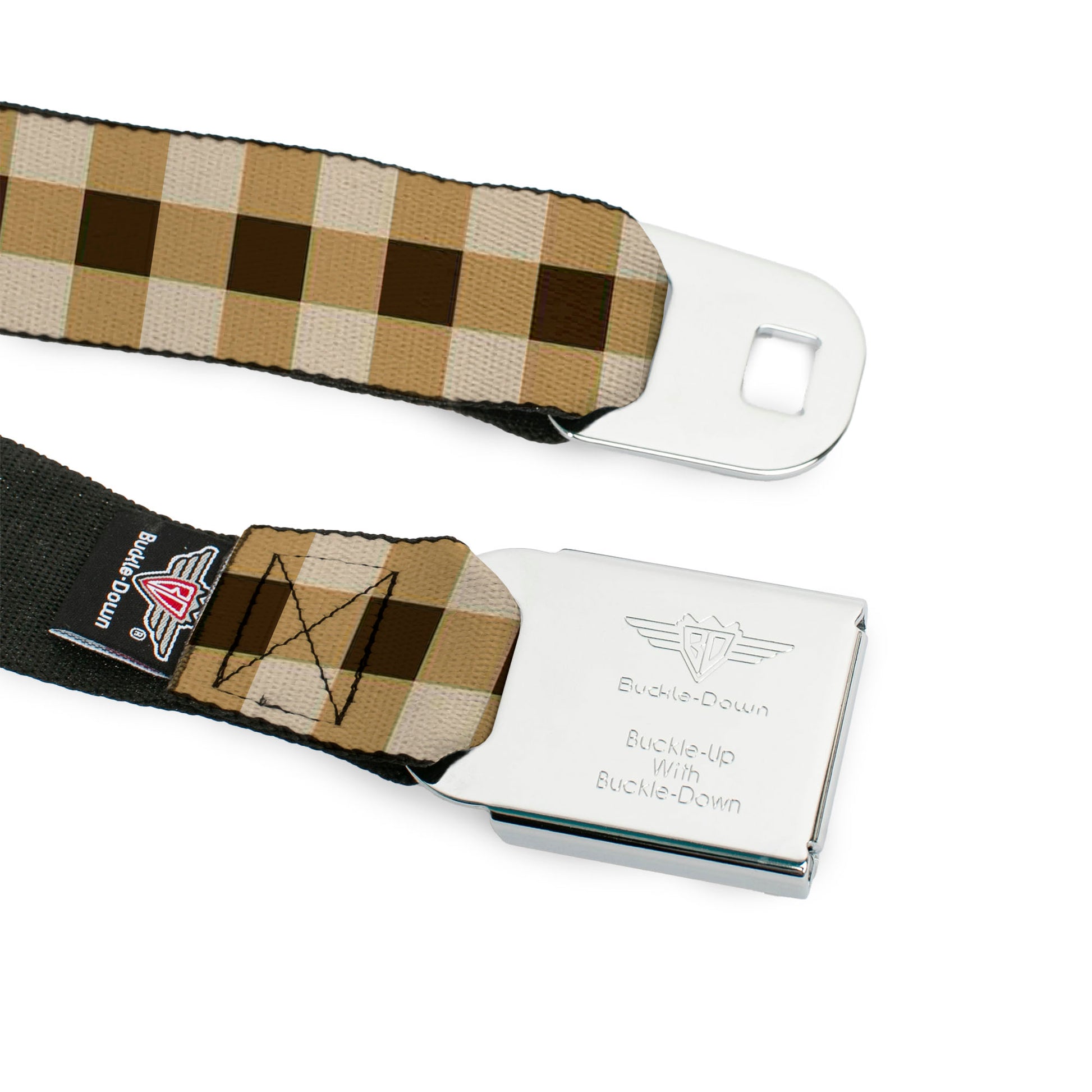BD Wings Logo CLOSE-UP Black/Silver Seatbelt Belt - Buffalo Plaid Tans/Brown Webbing Seatbelt Belts Buckle-Down