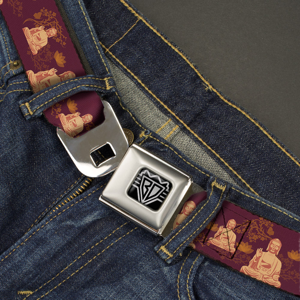 BD Wings Logo CLOSE-UP Full Color Black Silver Seatbelt Belt - Buddha Sitting/Floral Collage Burgundy/Golden Yellows Webbing Seatbelt Belts Buckle-Down