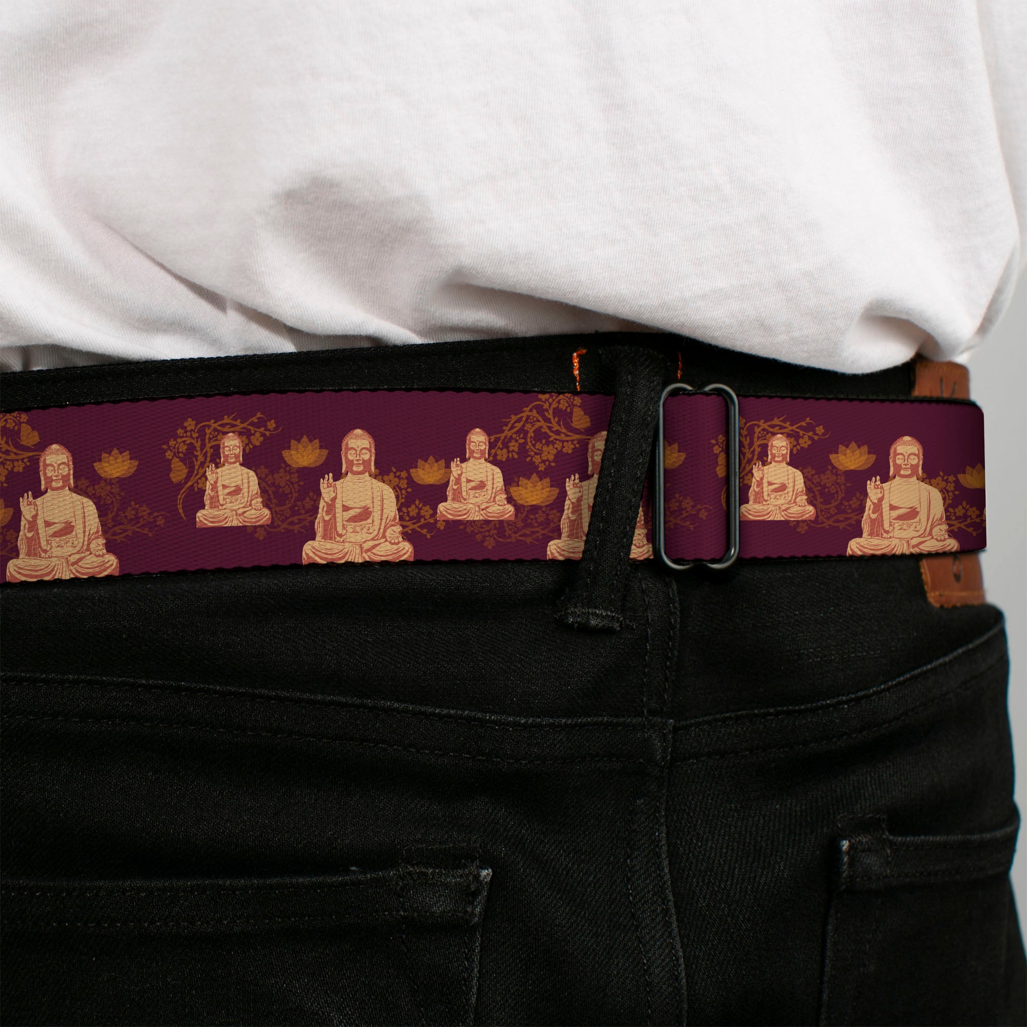 BD Wings Logo CLOSE-UP Full Color Black Silver Seatbelt Belt - Buddha Sitting/Floral Collage Burgundy/Golden Yellows Webbing Seatbelt Belts Buckle-Down