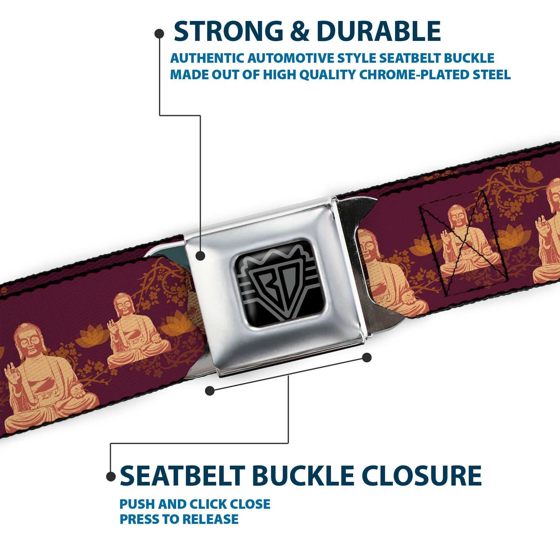 BD Wings Logo CLOSE-UP Full Color Black Silver Seatbelt Belt - Buddha Sitting/Floral Collage Burgundy/Golden Yellows Webbing Seatbelt Belts Buckle-Down